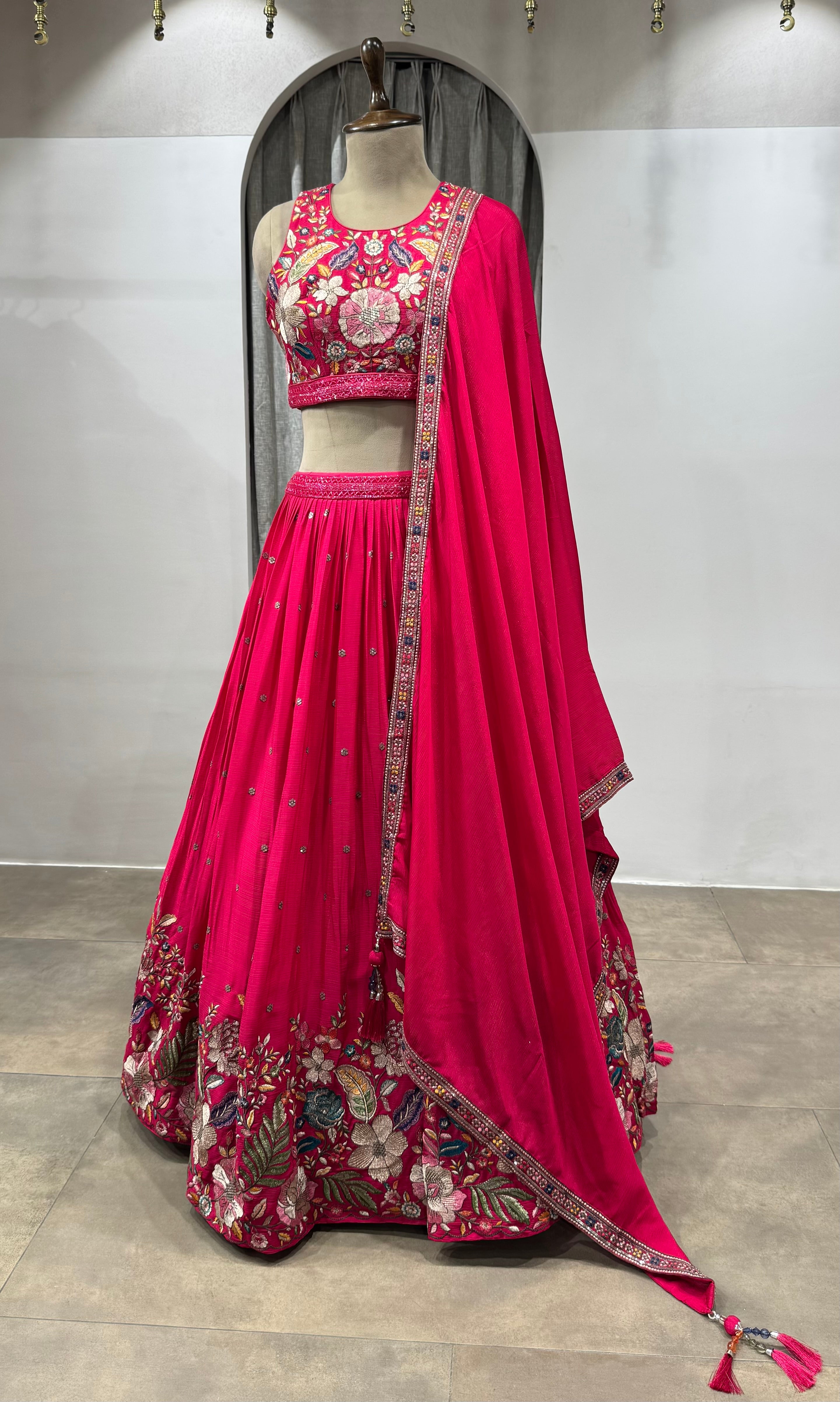 Rani Pink Floral Embroidered Lehenga Set