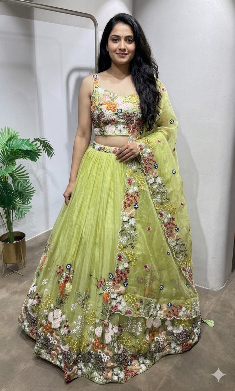 Green floral embroidered lehenga set