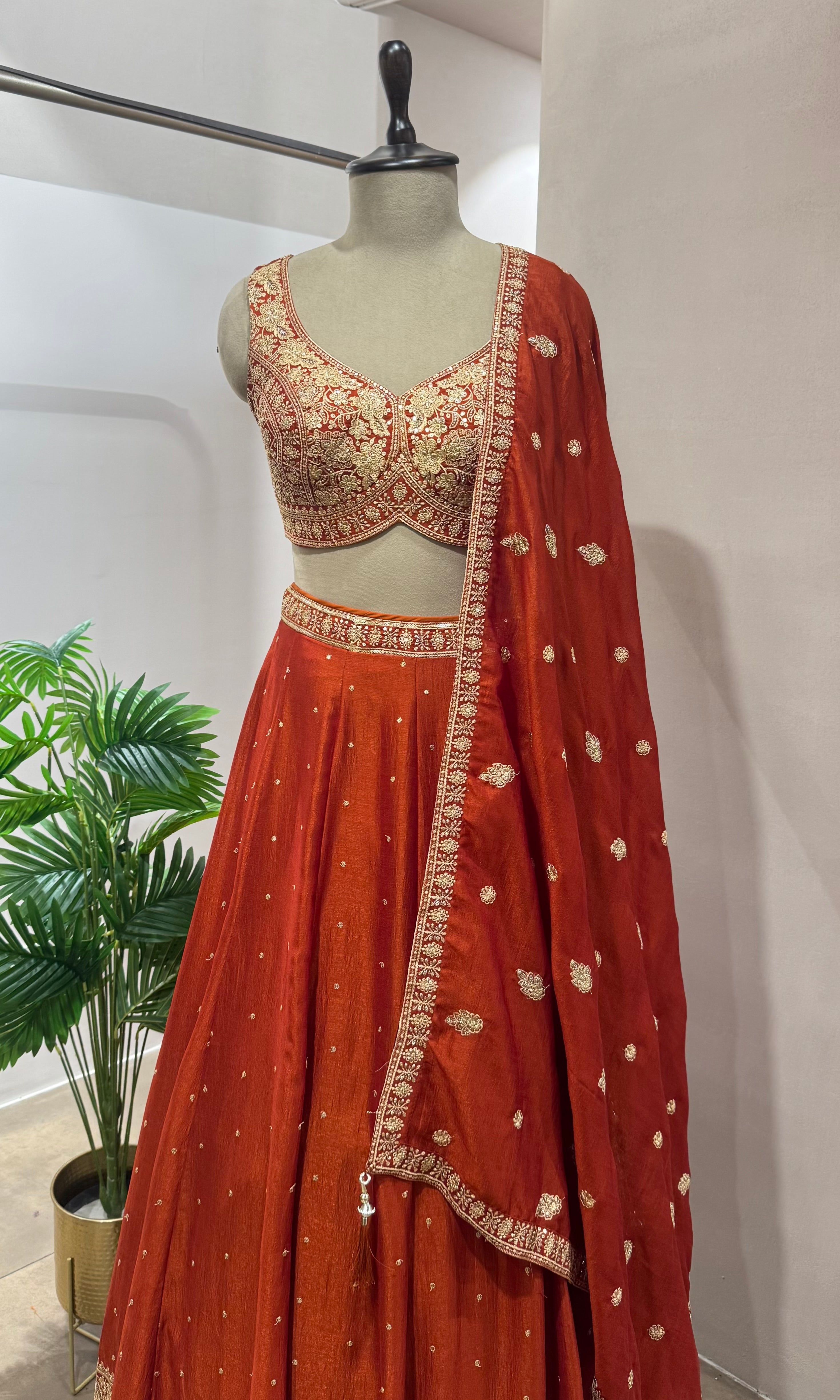 Rust EMBROIDERED Lehenga WITH FLORAL MOTIF DUPATTA