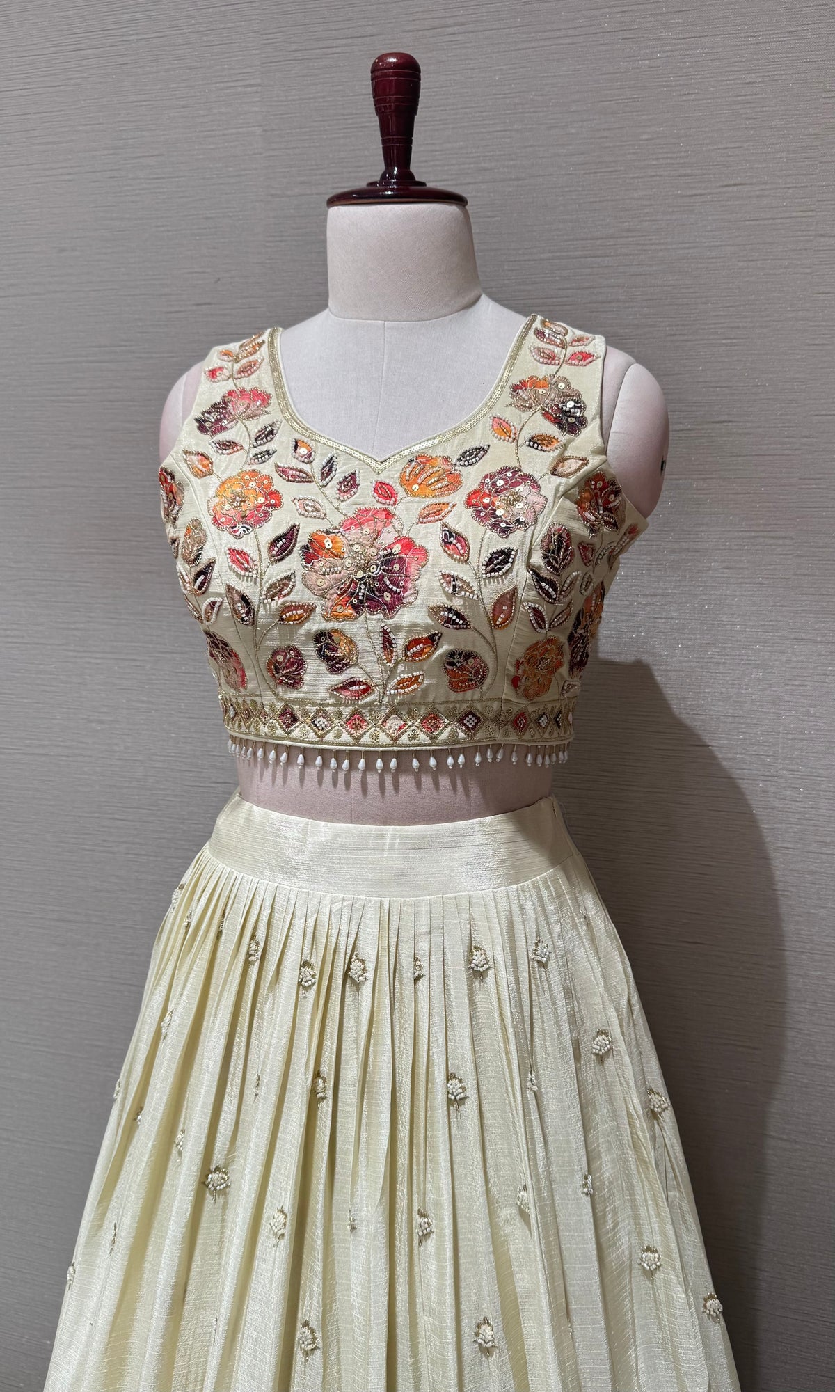Cream Tissue silk Multi Floral Crop Top Lehenga set
