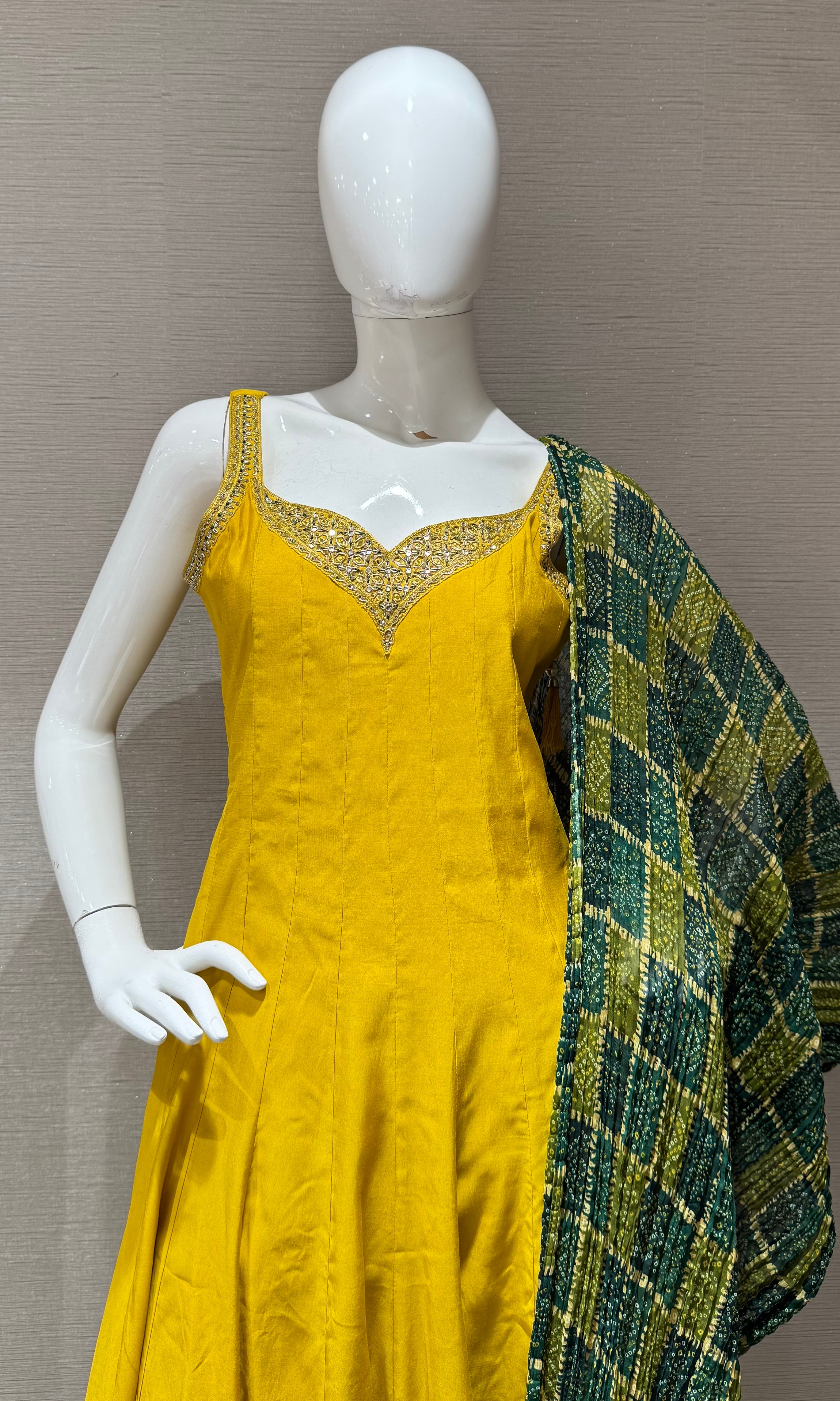 Yellow Silk Anarkali set with Contrast Green Dupatta
