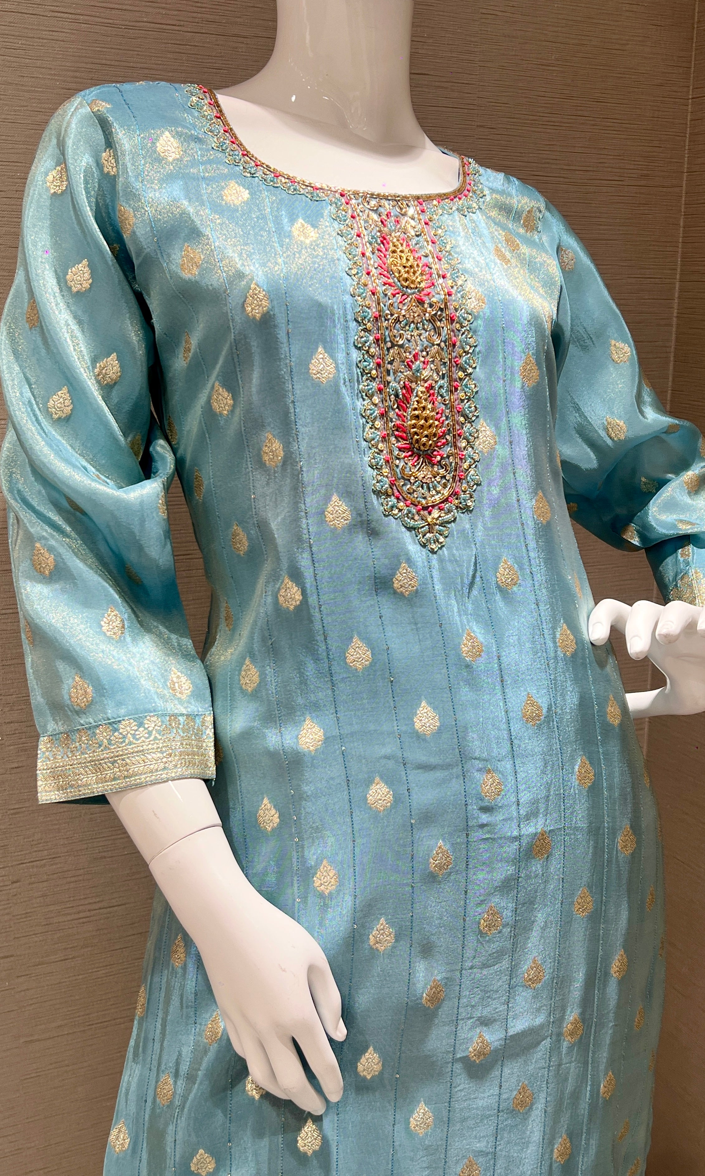 Aqua Bloom Embroidered Suit Set