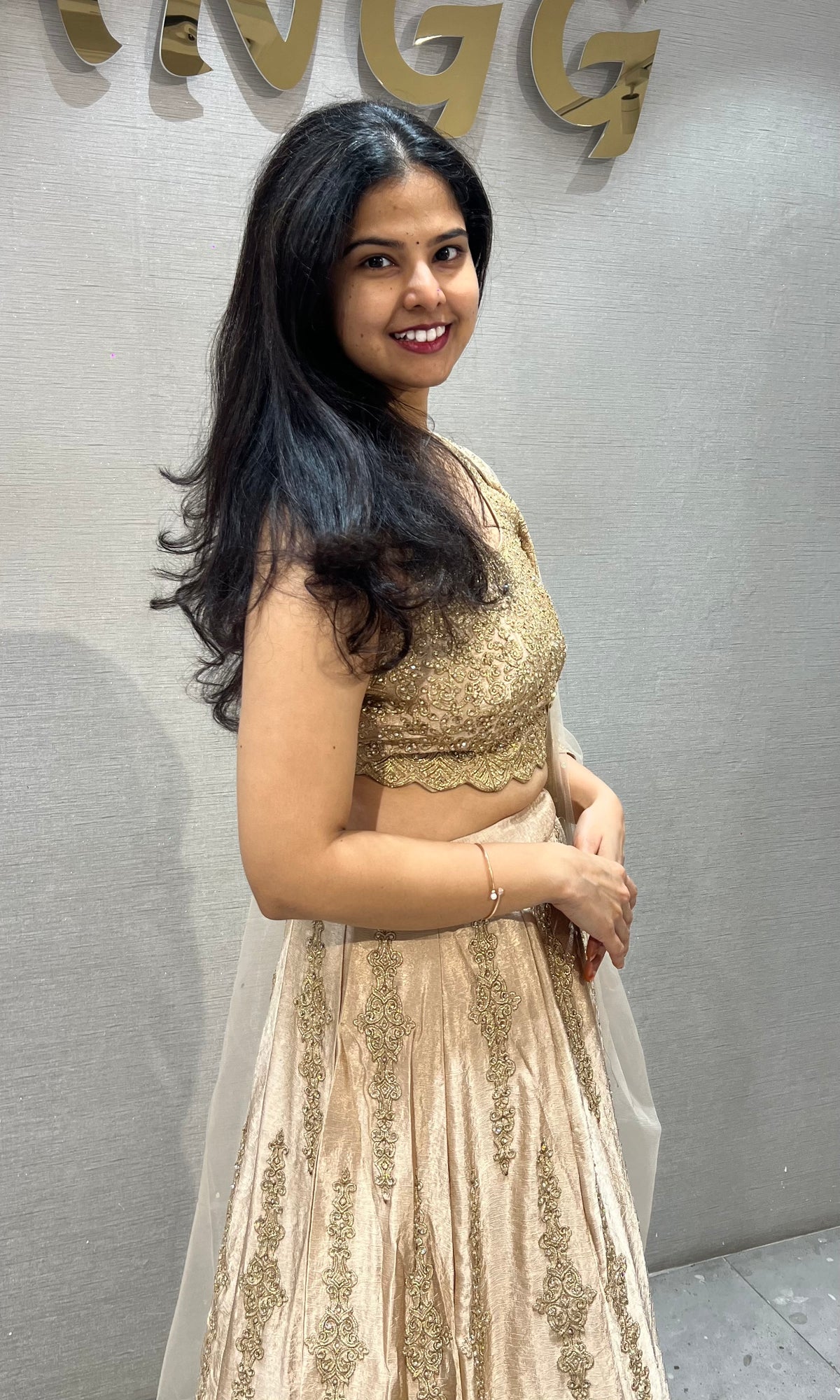 Gold Satin silk Embroidered Lehenga with Sheer net Dupatta