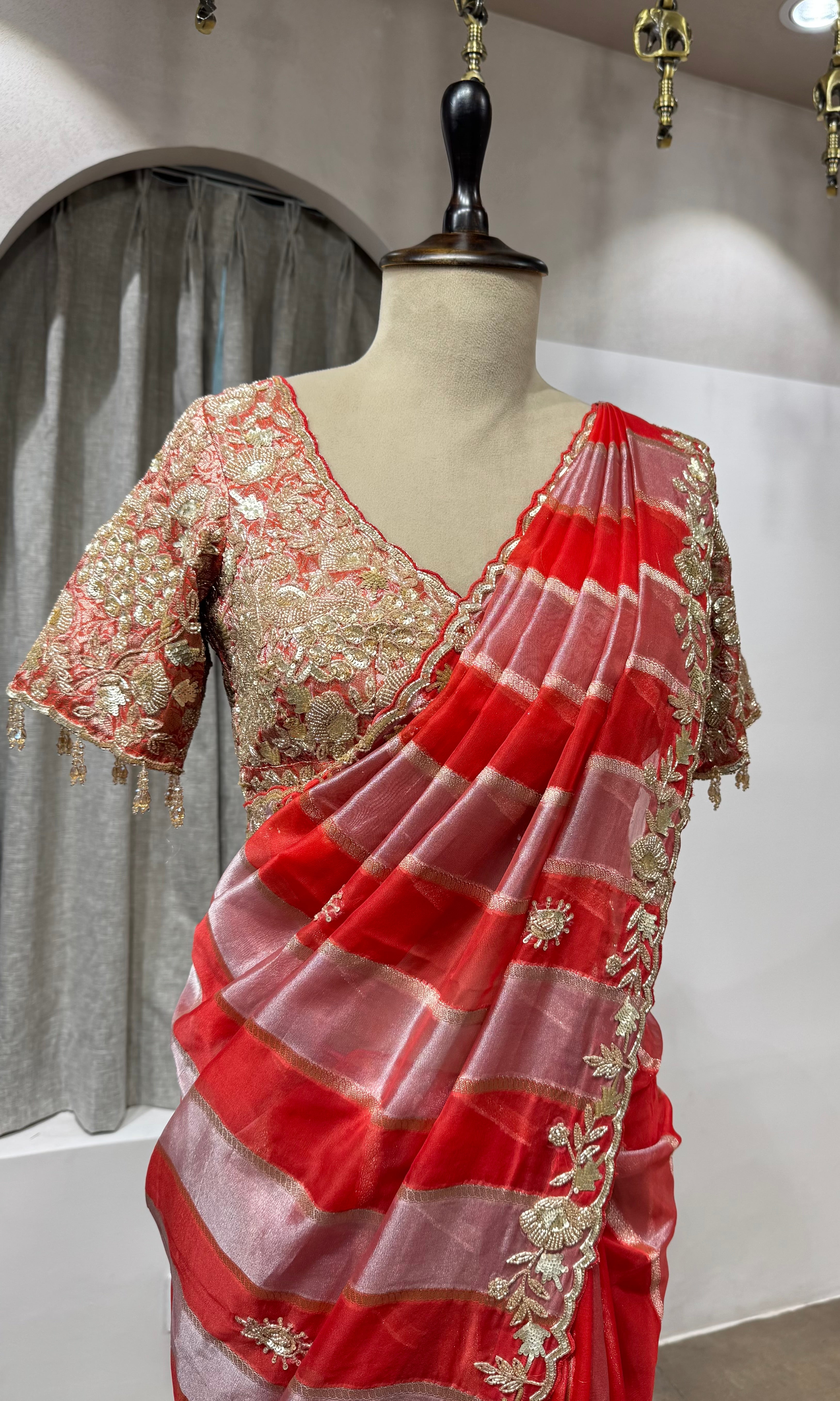 RED Embellished Tussar Silk Leheriya Saree