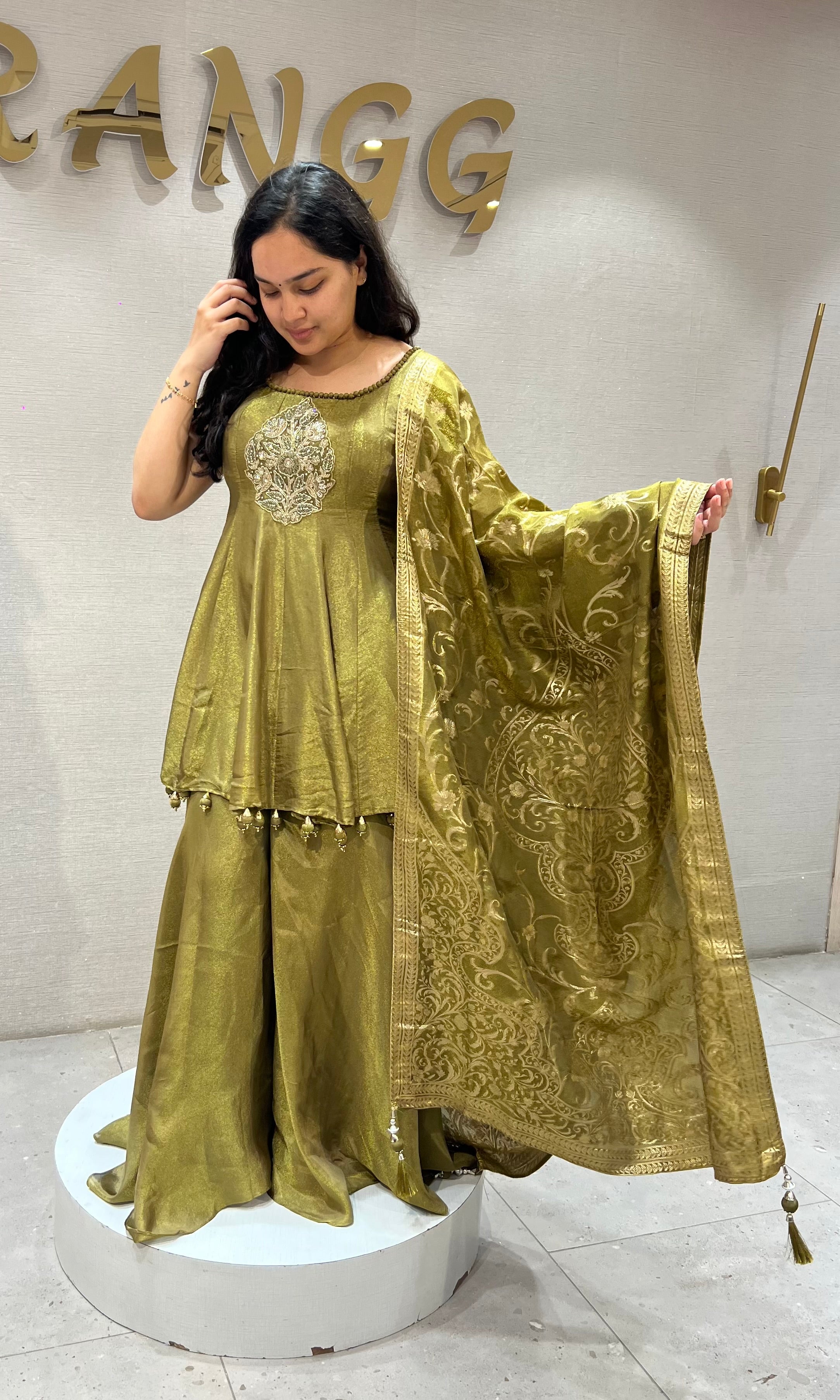 Mehandi Green Shimmer Metallic Ethnic Palazzo Set