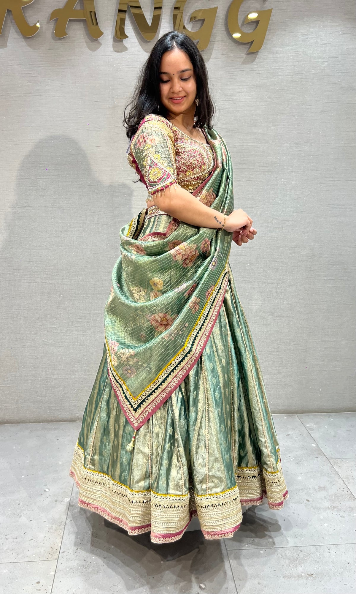 Sage Green raw silk Lehenga Set with Golden Zari Motifs
