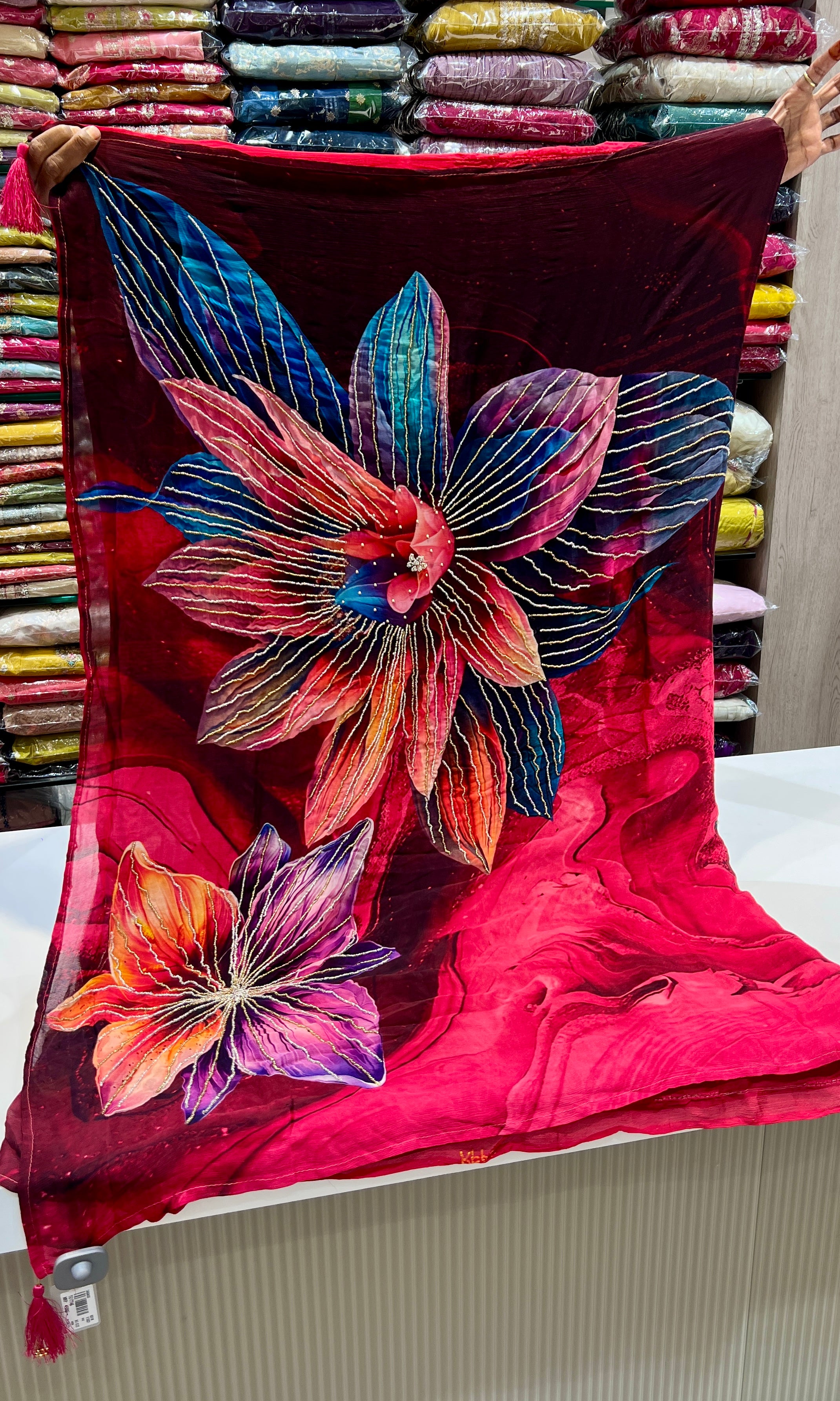 Wine Bloom Georgette-Chiffon Saree
