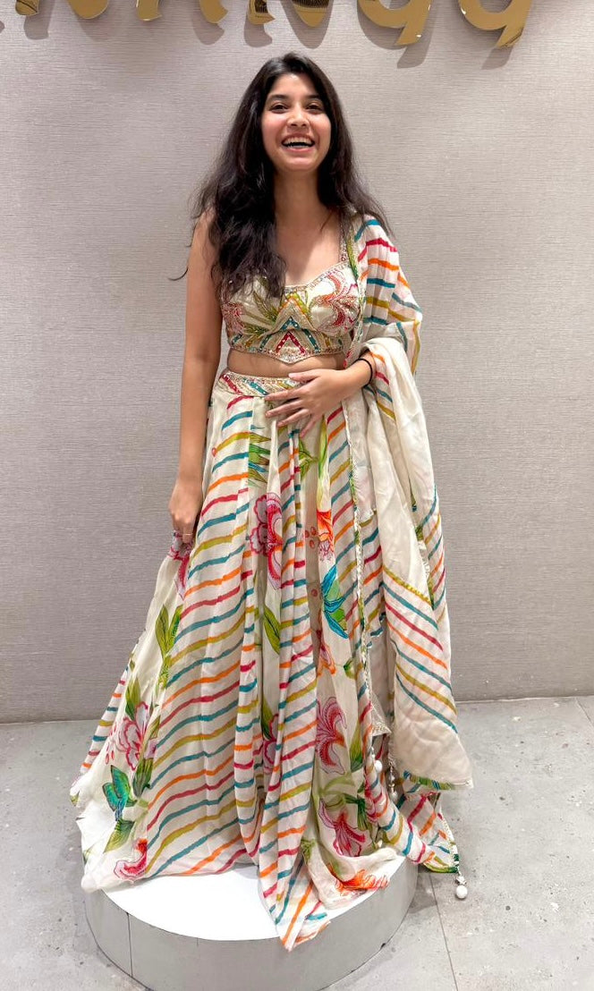 CREAM Rainbow Stripe Floral Lehenga