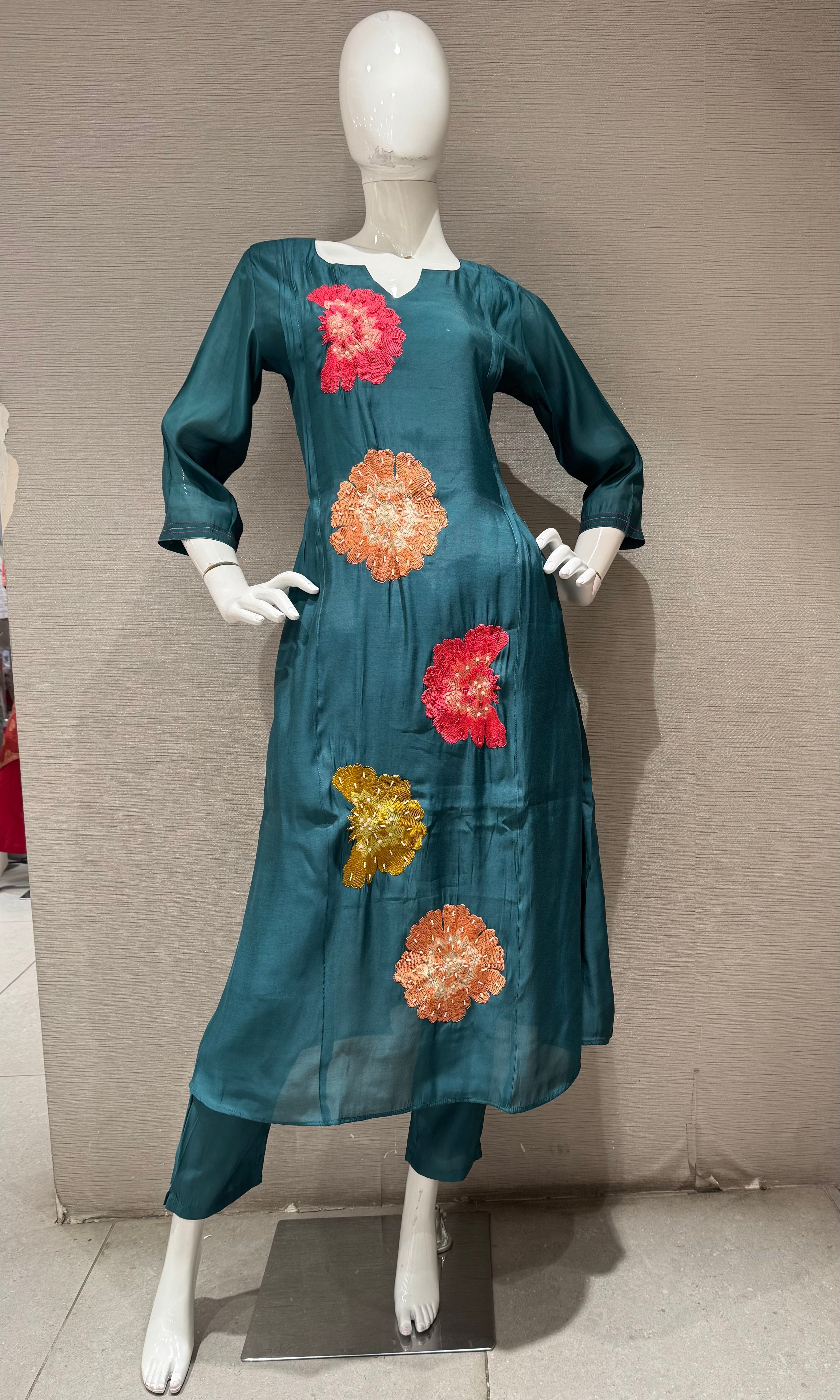 Sea Green cotton silk Floral Motif Kurta set with dupatta