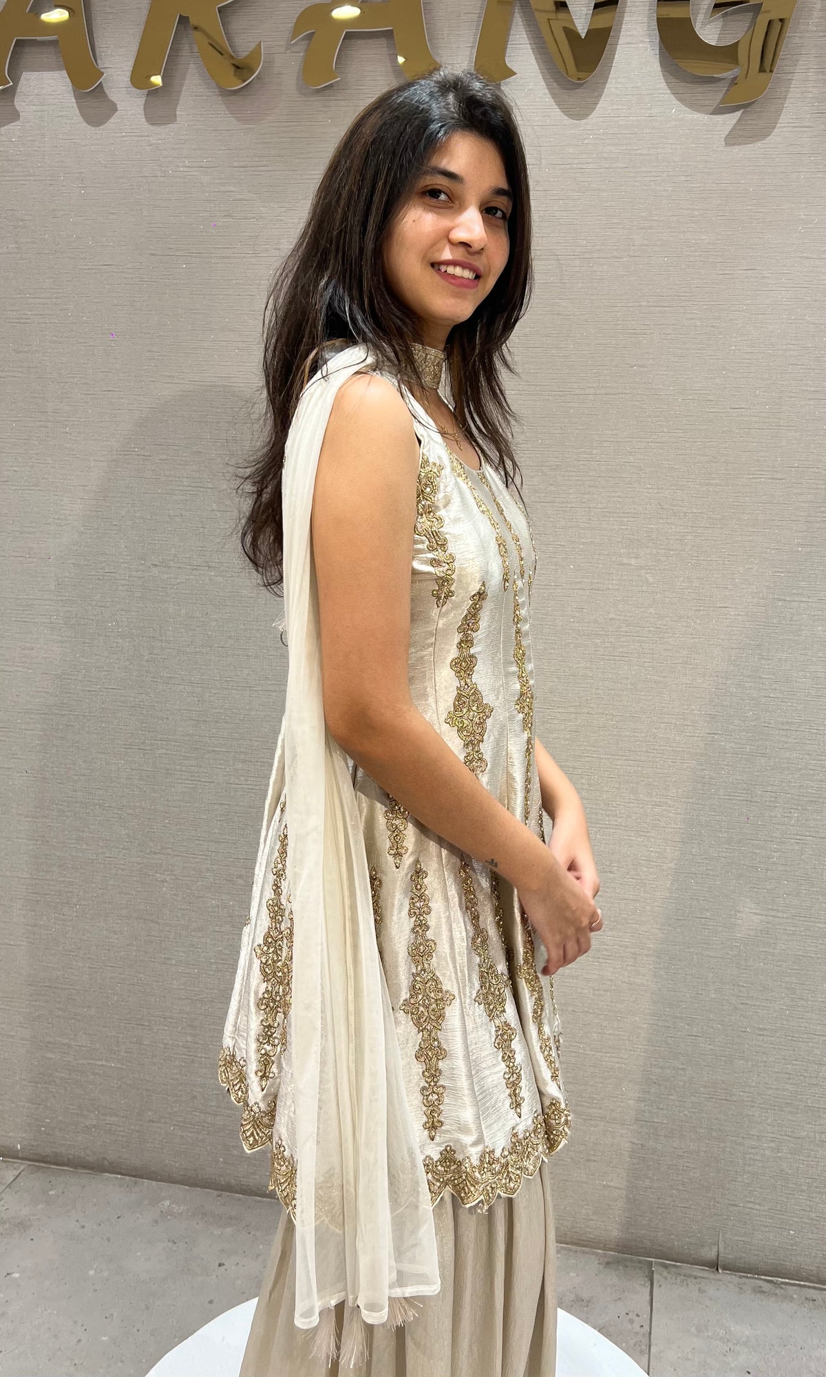 Cream and Gold Satin Embroidered Palazzo Set