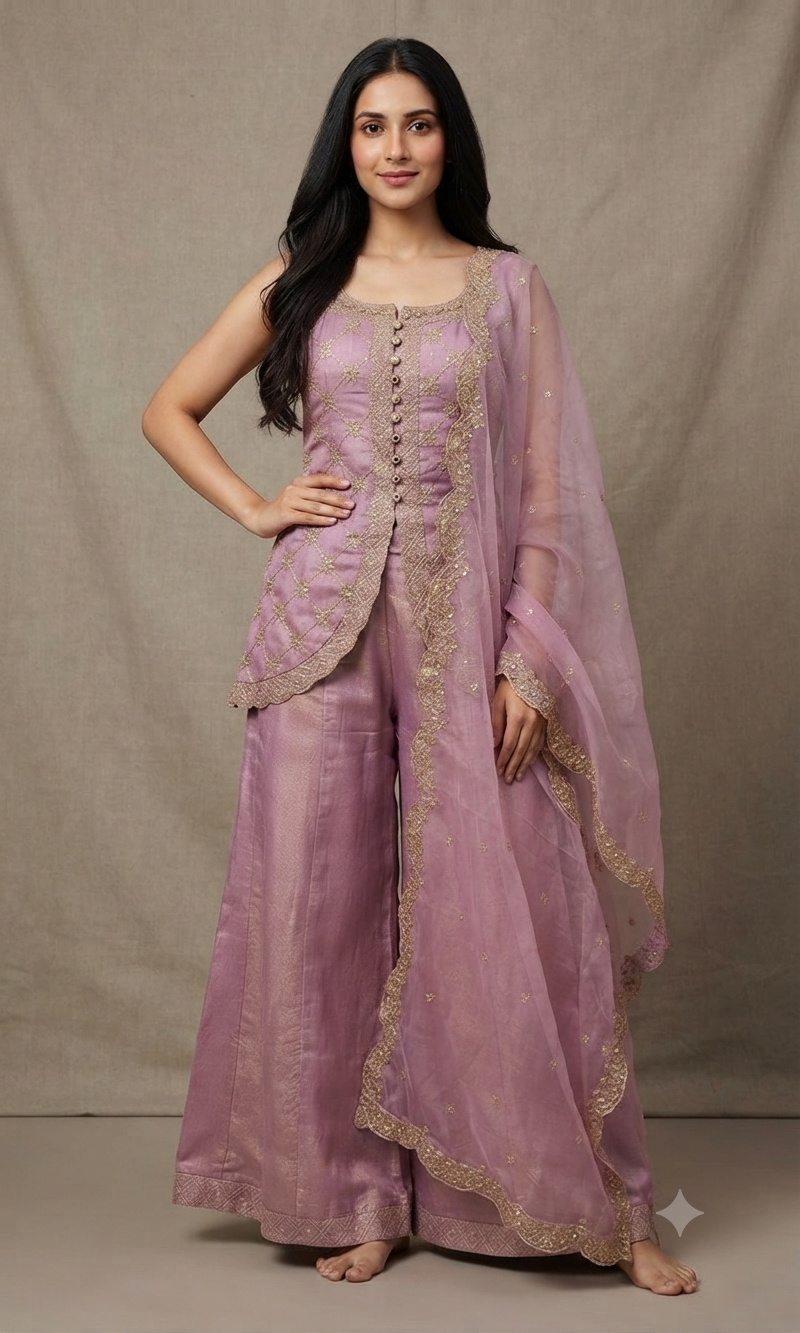 Lavender Pink Embroidered Sharara set with Dupatta