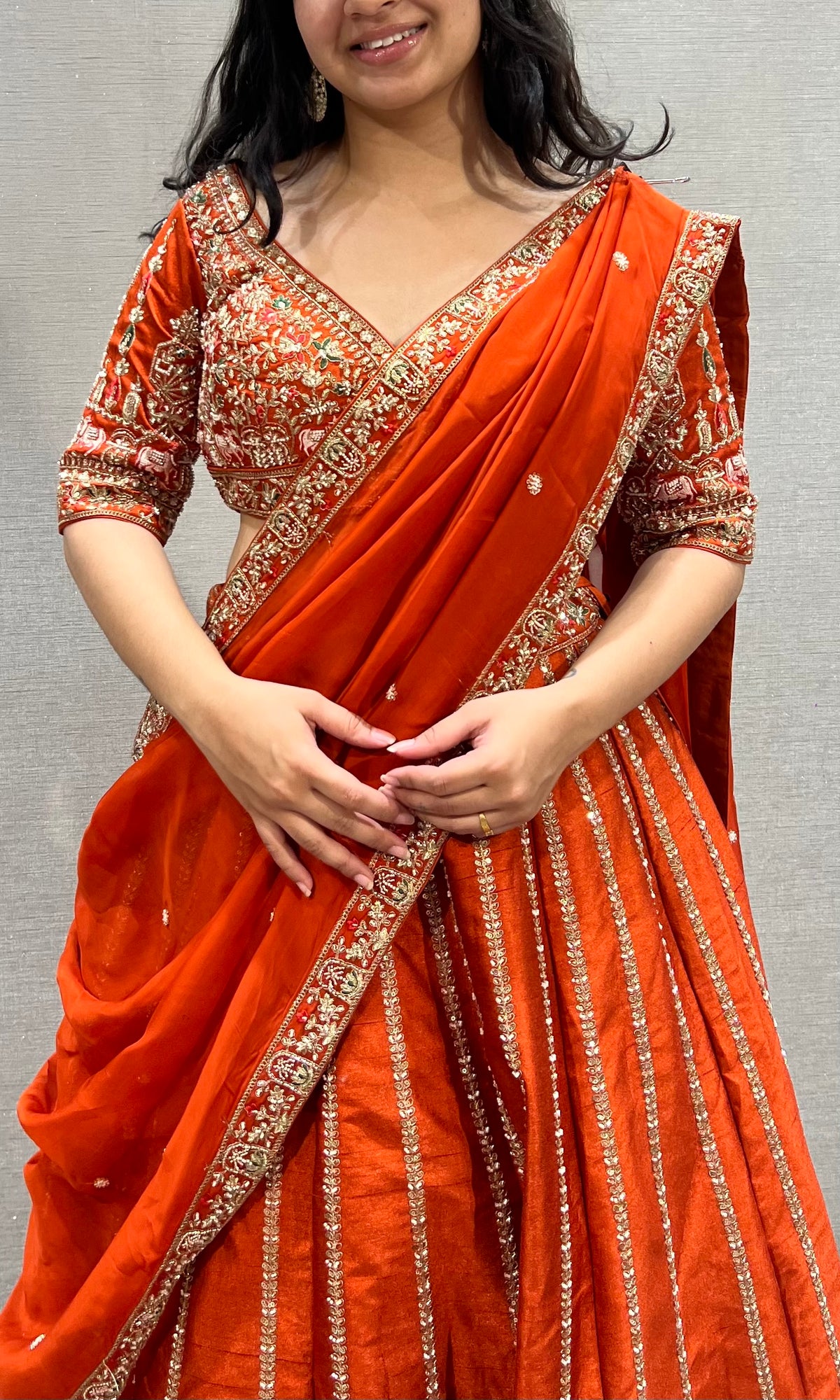 Bright Orange Embroidered Lehenga Choli Set