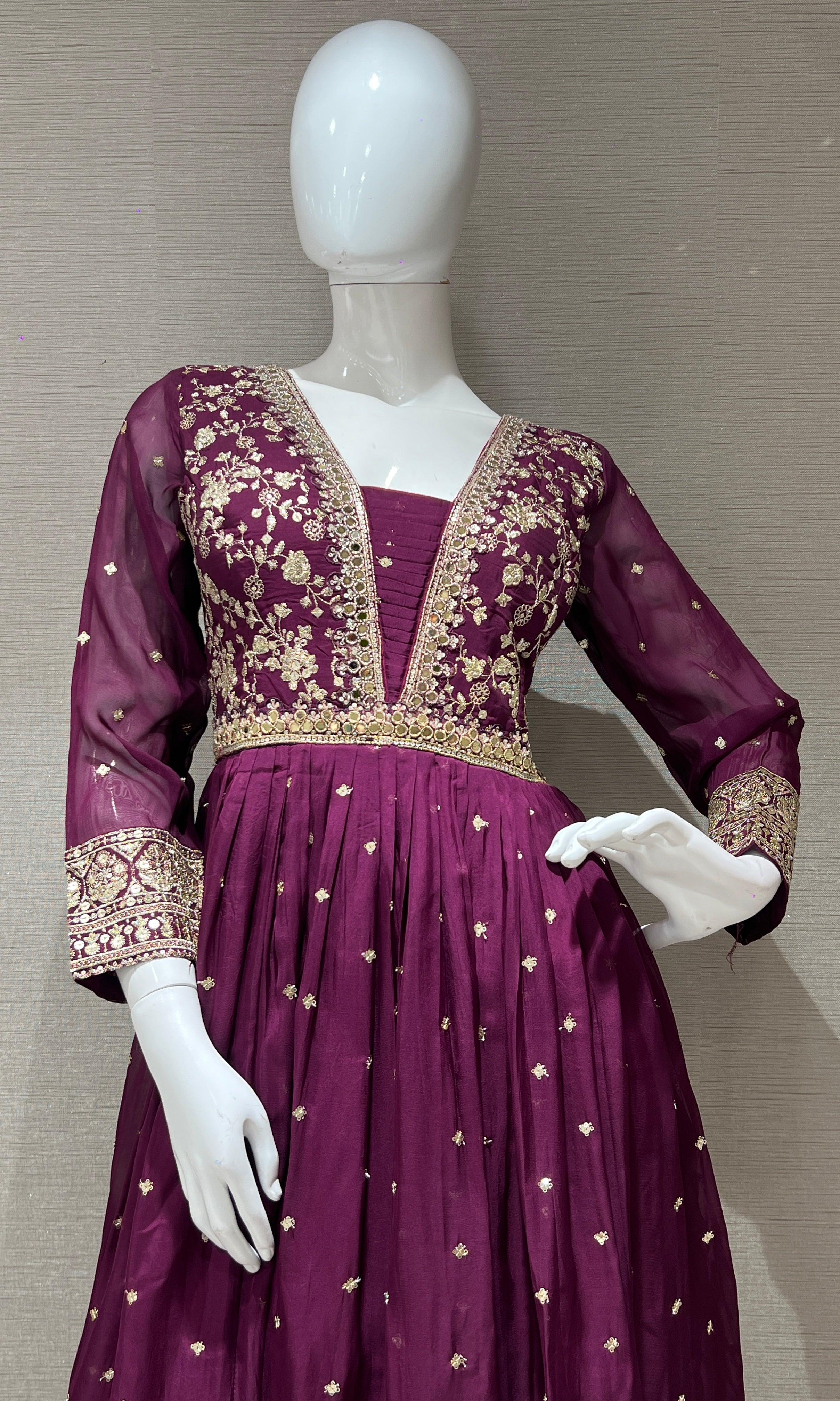 wine long anarkali with gold embroidered