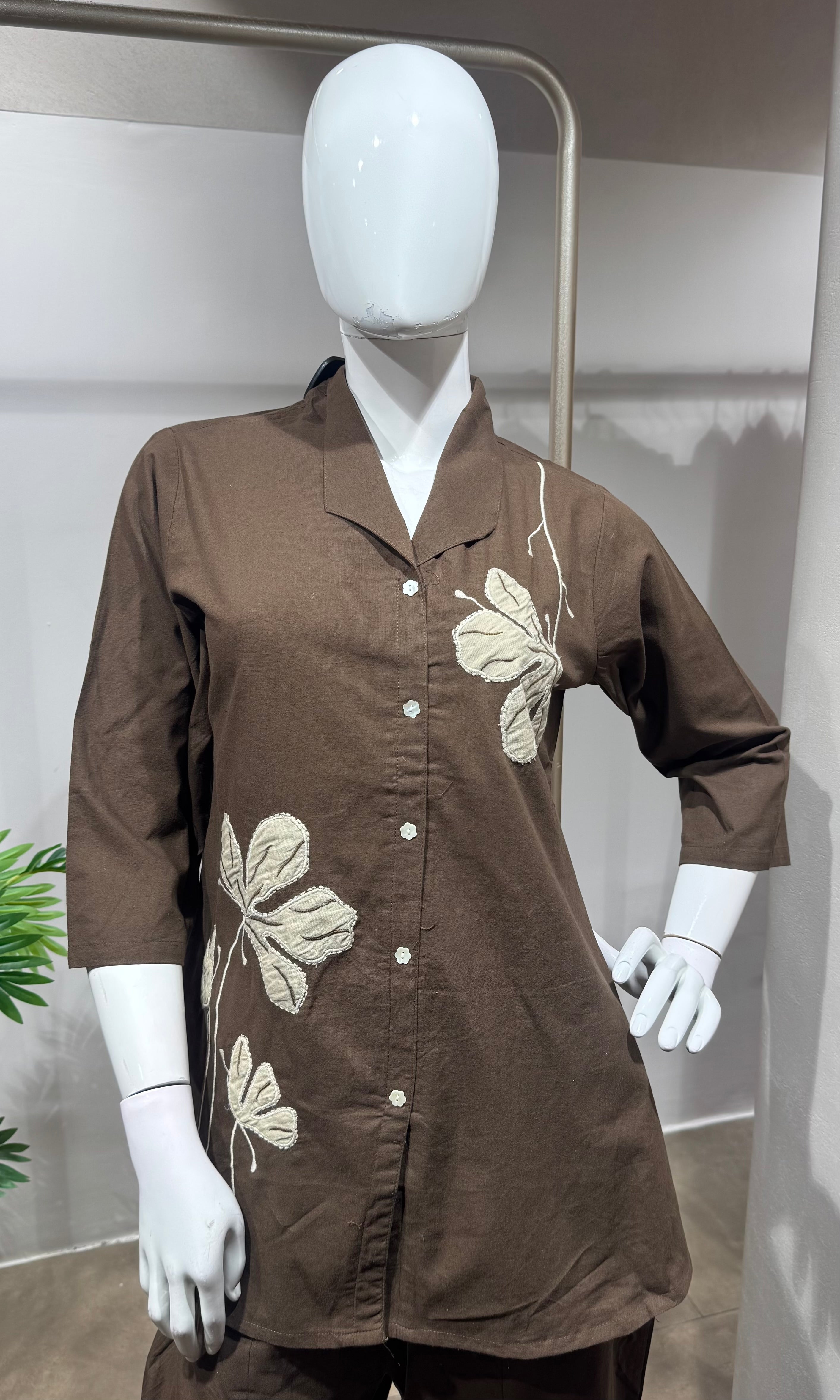 brown linen floral embroidered cord set