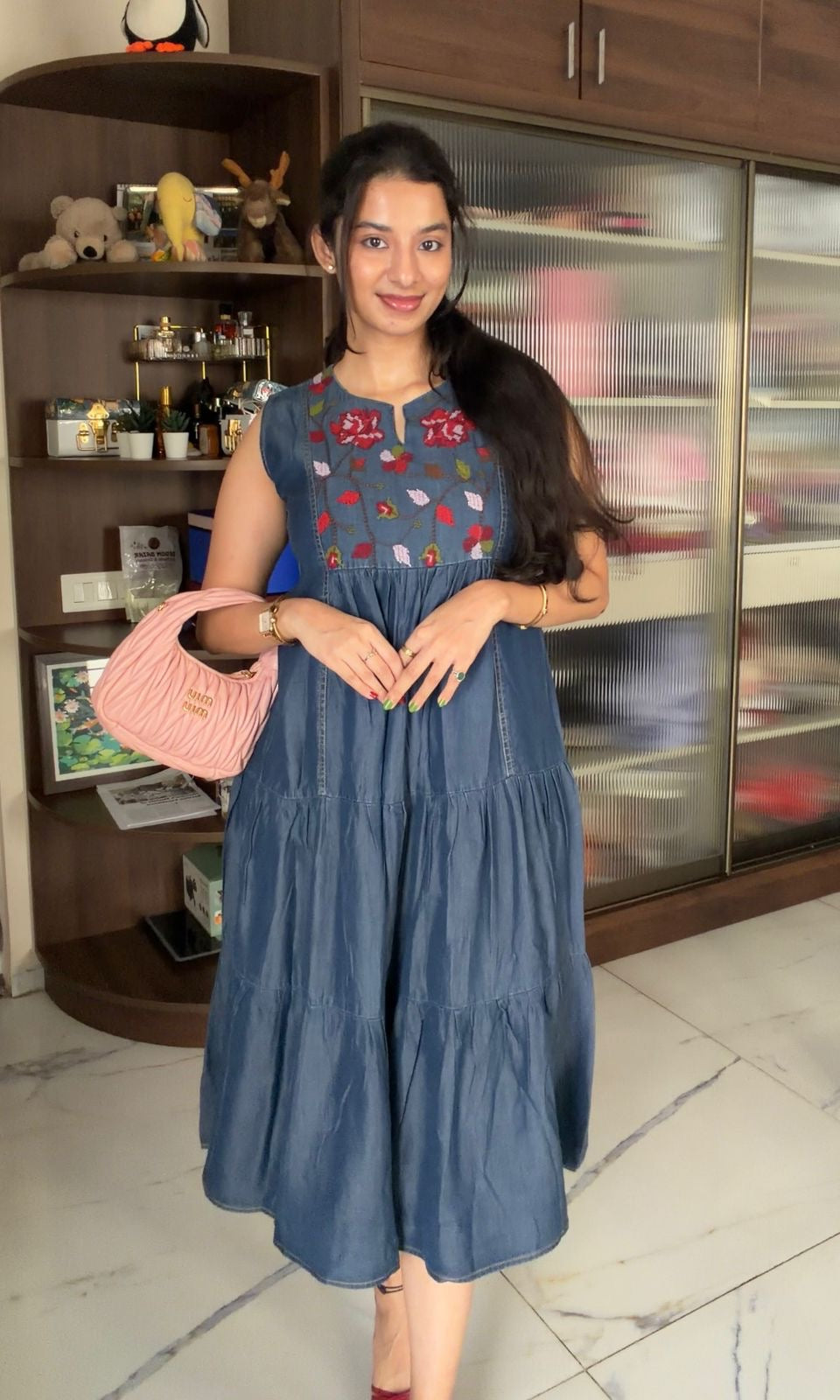 Denim blue dress with floral embroidery