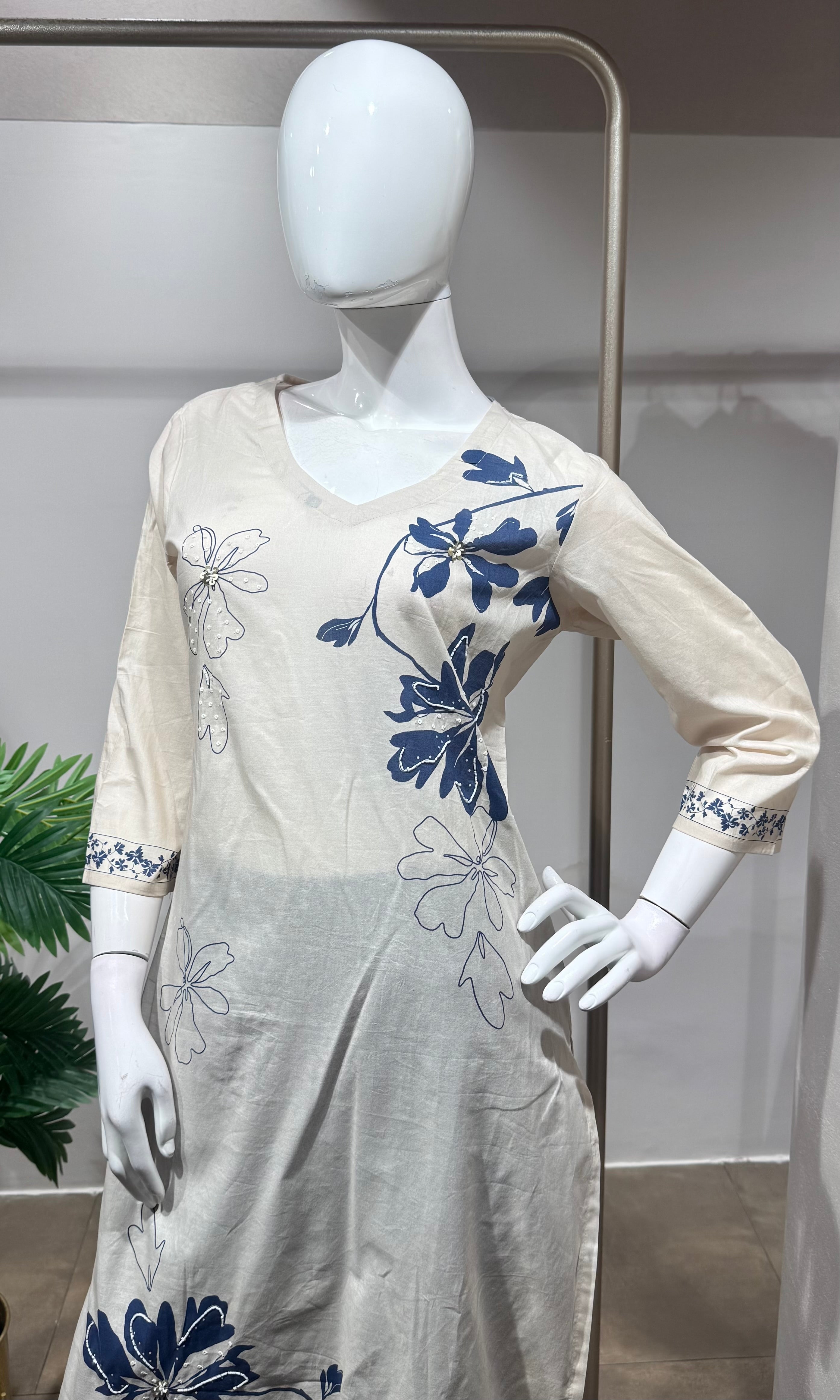 CREAM floral print straight-cut kurta set