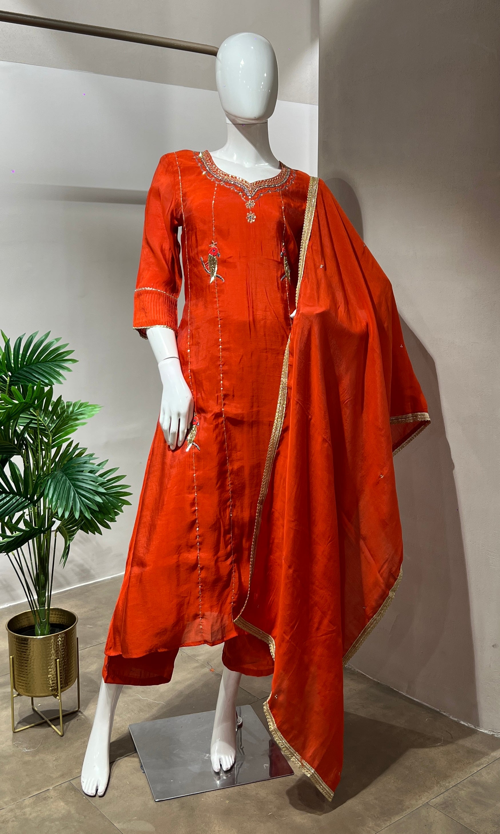 RUST Floral EMBROIDERY MULCHANDERI KURTA SET