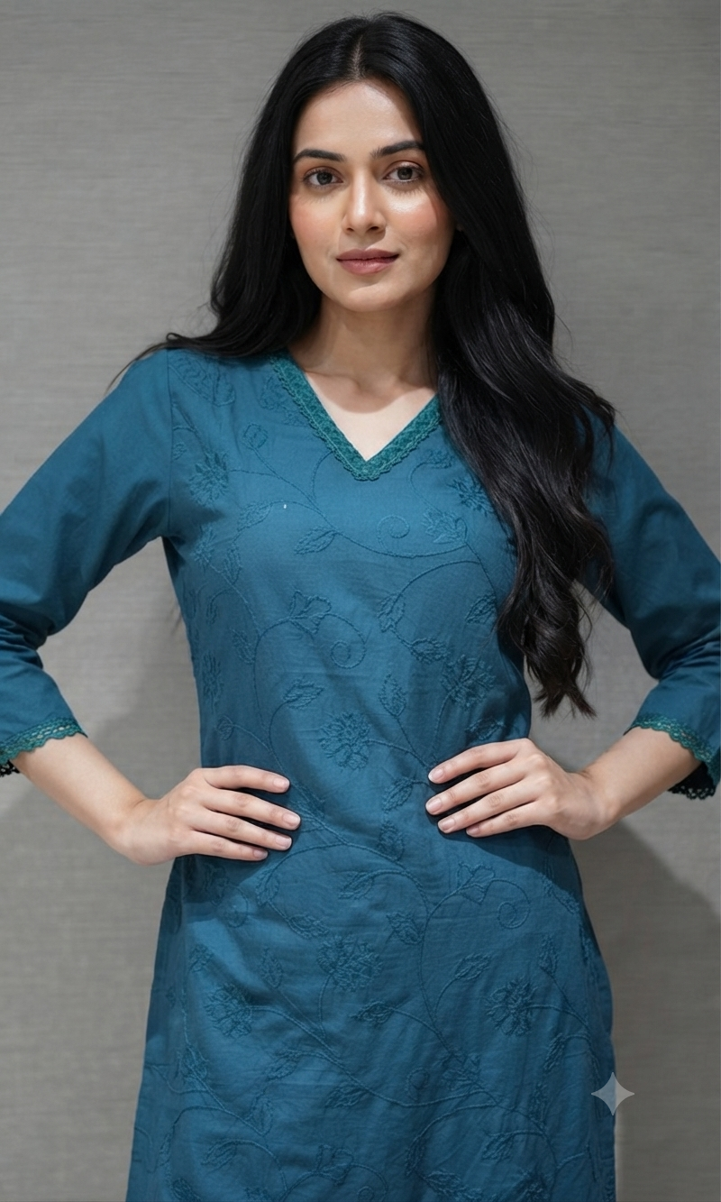 Blue Cotton Kurta Set with Pink Floral Embroidery