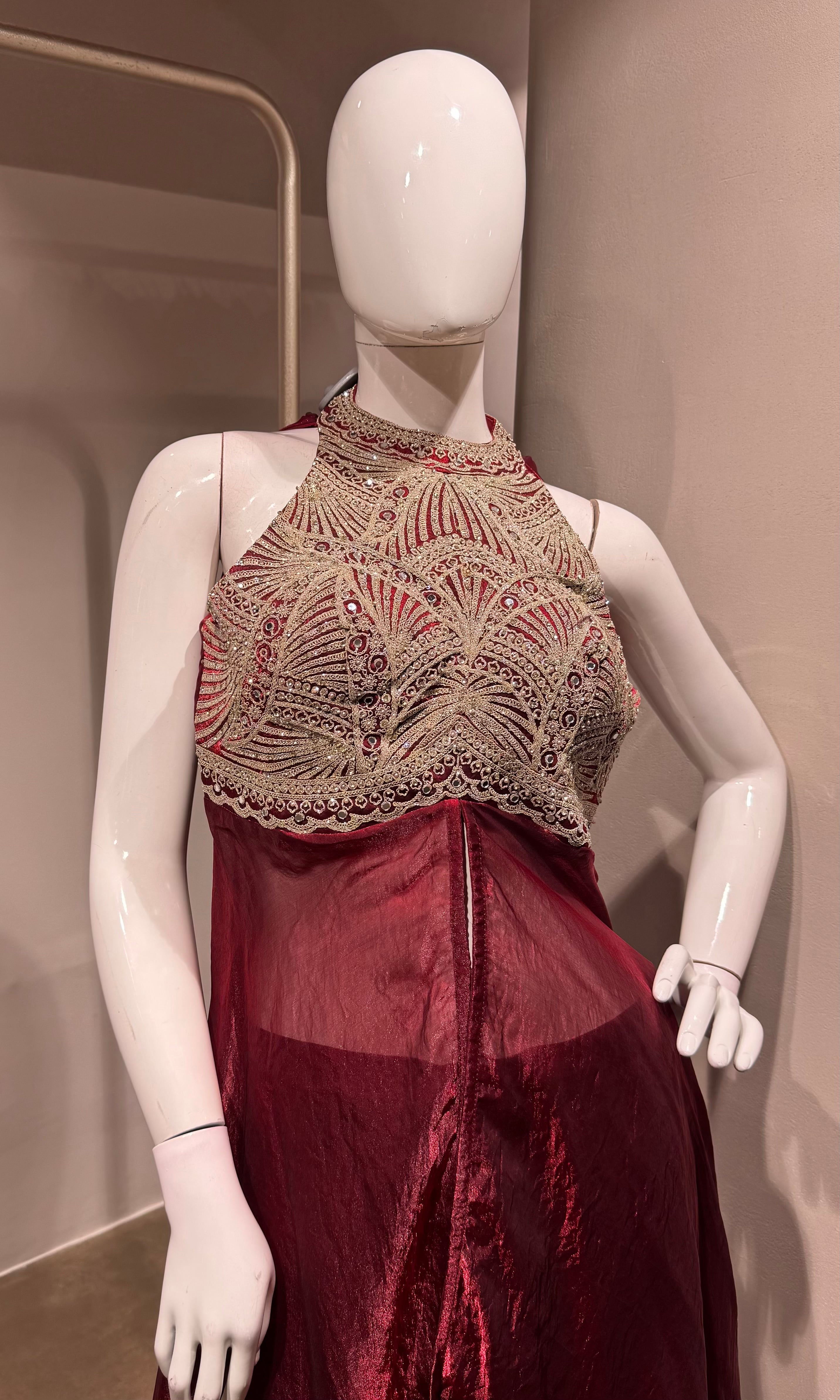 MAROON halter neck embroidered anarkali set