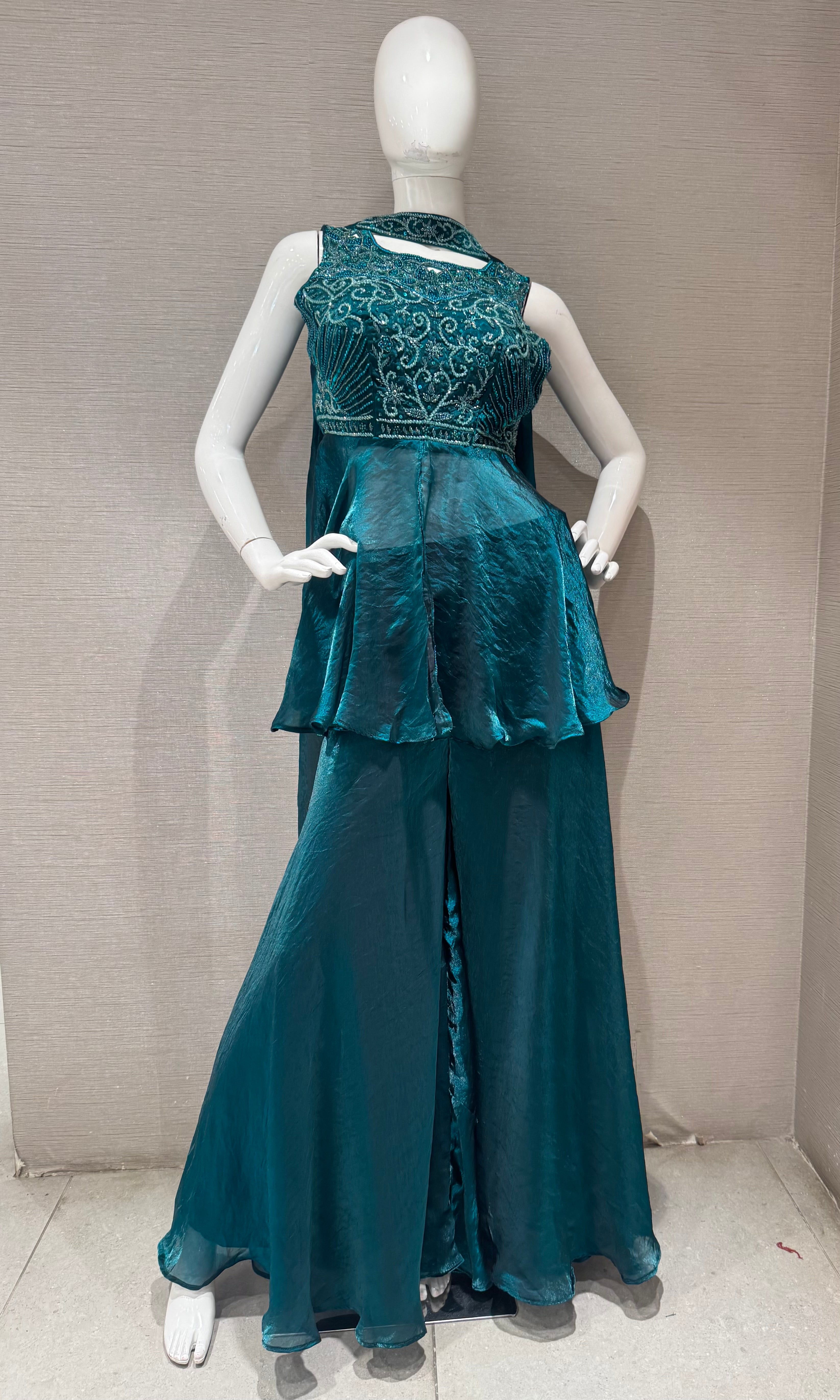 Green embroidered peplum palazzo set