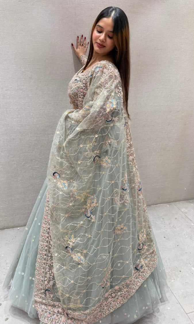 matcha green netted peacock Lehenga