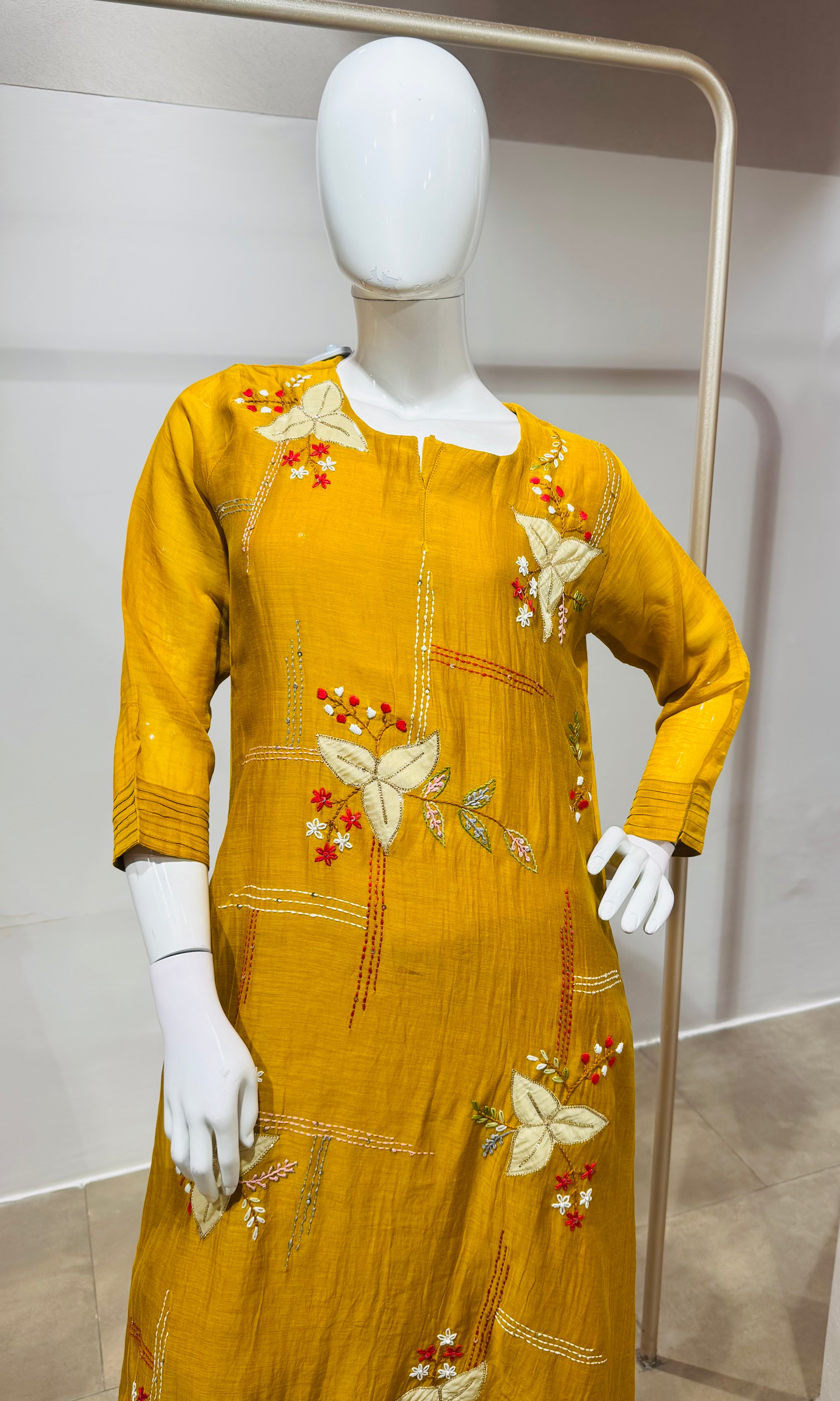 Mustard Elegant Muslin Pleated Chanderi Kurta Set