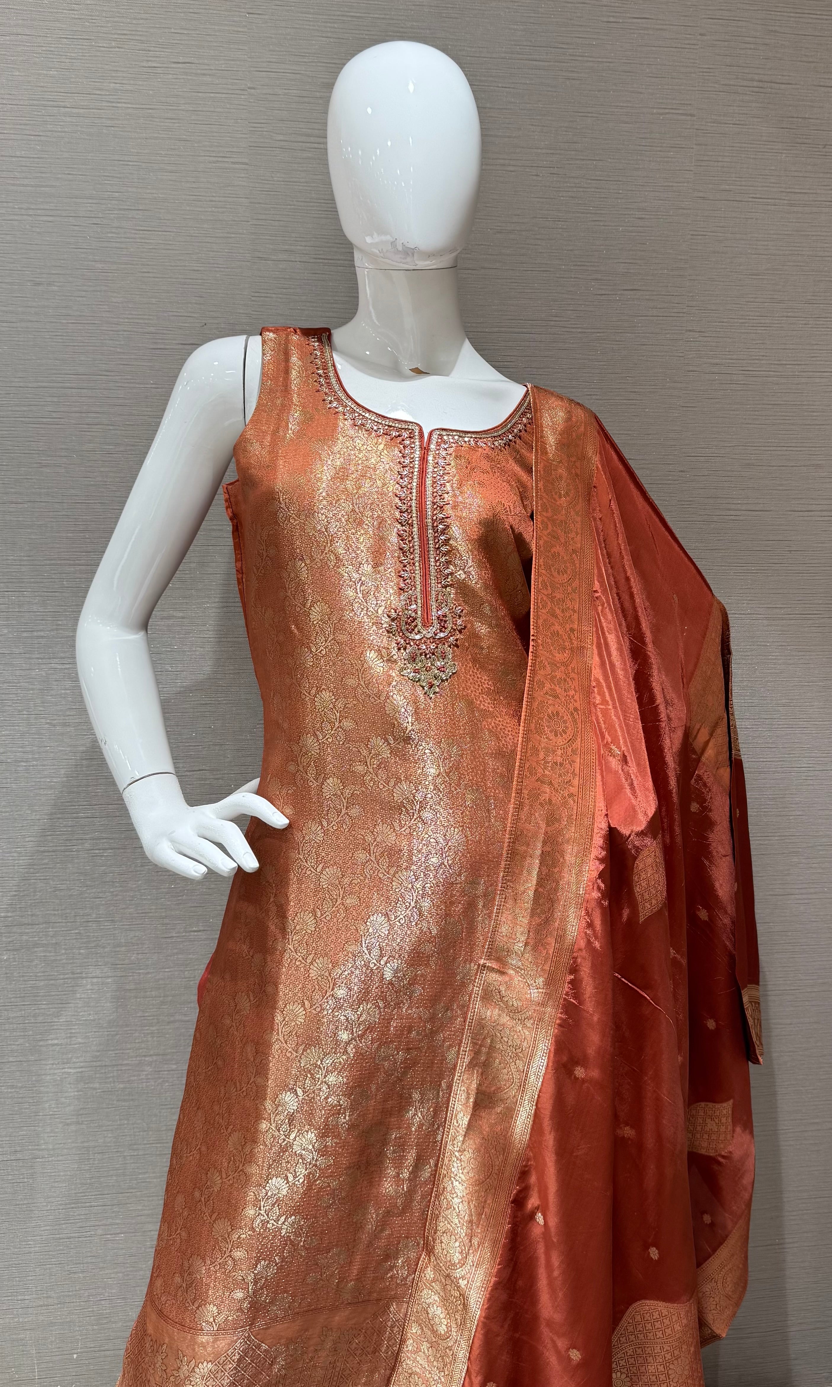 Light Rust Embroidered Kurta Set with Gold Border Dupatta
