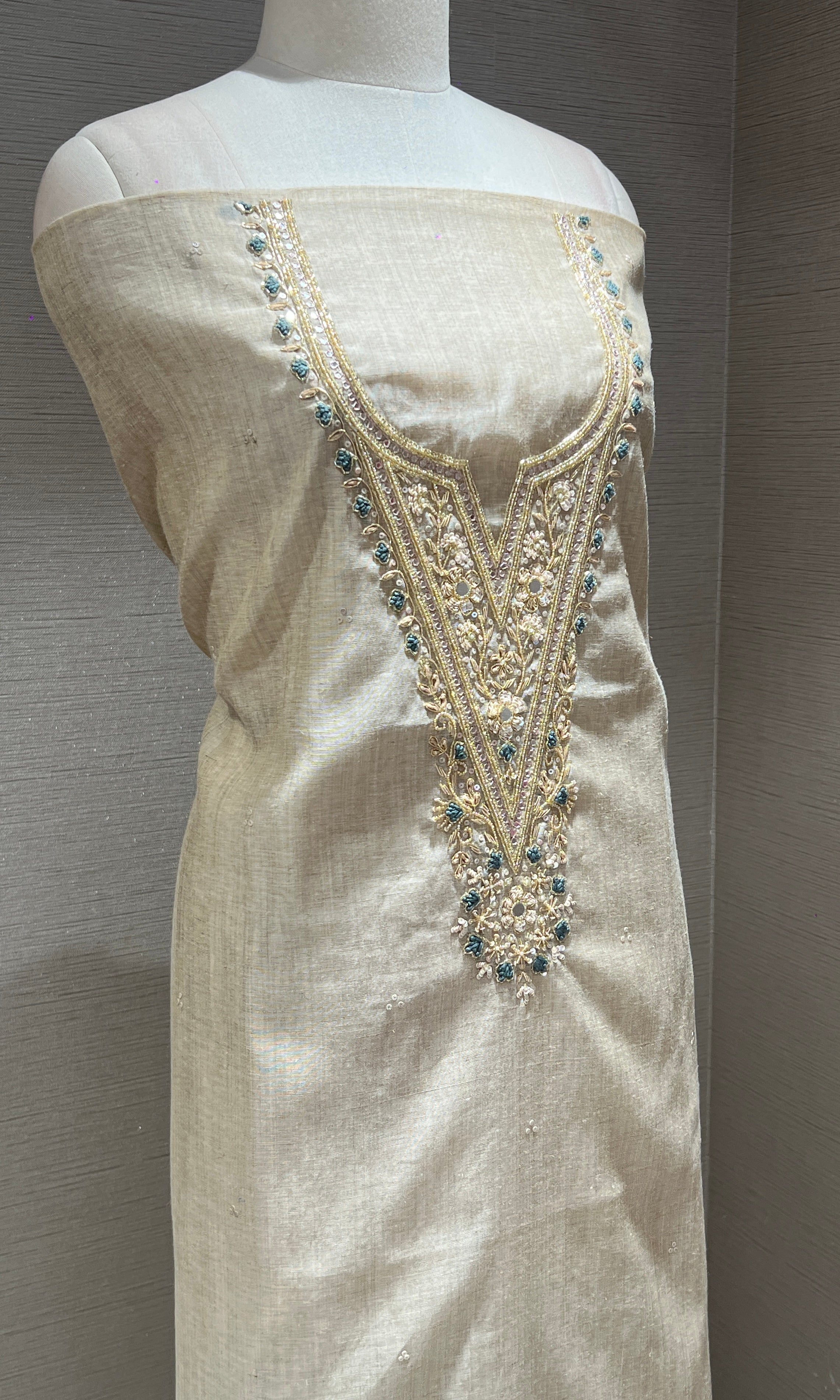 Elegant Beige Embroidered Dress Material with Digital Print Dupatta