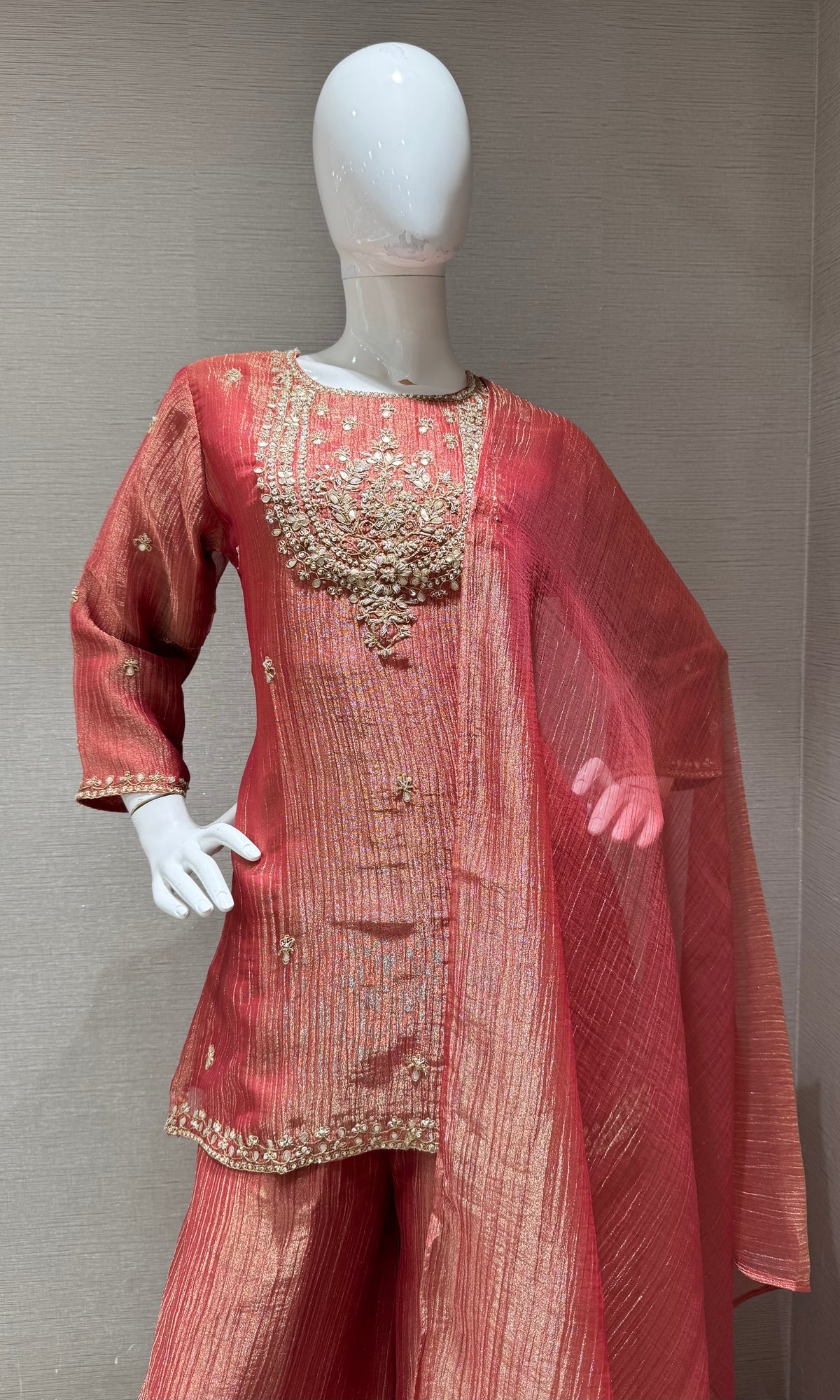 RUST TISSUE SILK EMBROIDERED SHARARA SET WITH DUPATTA