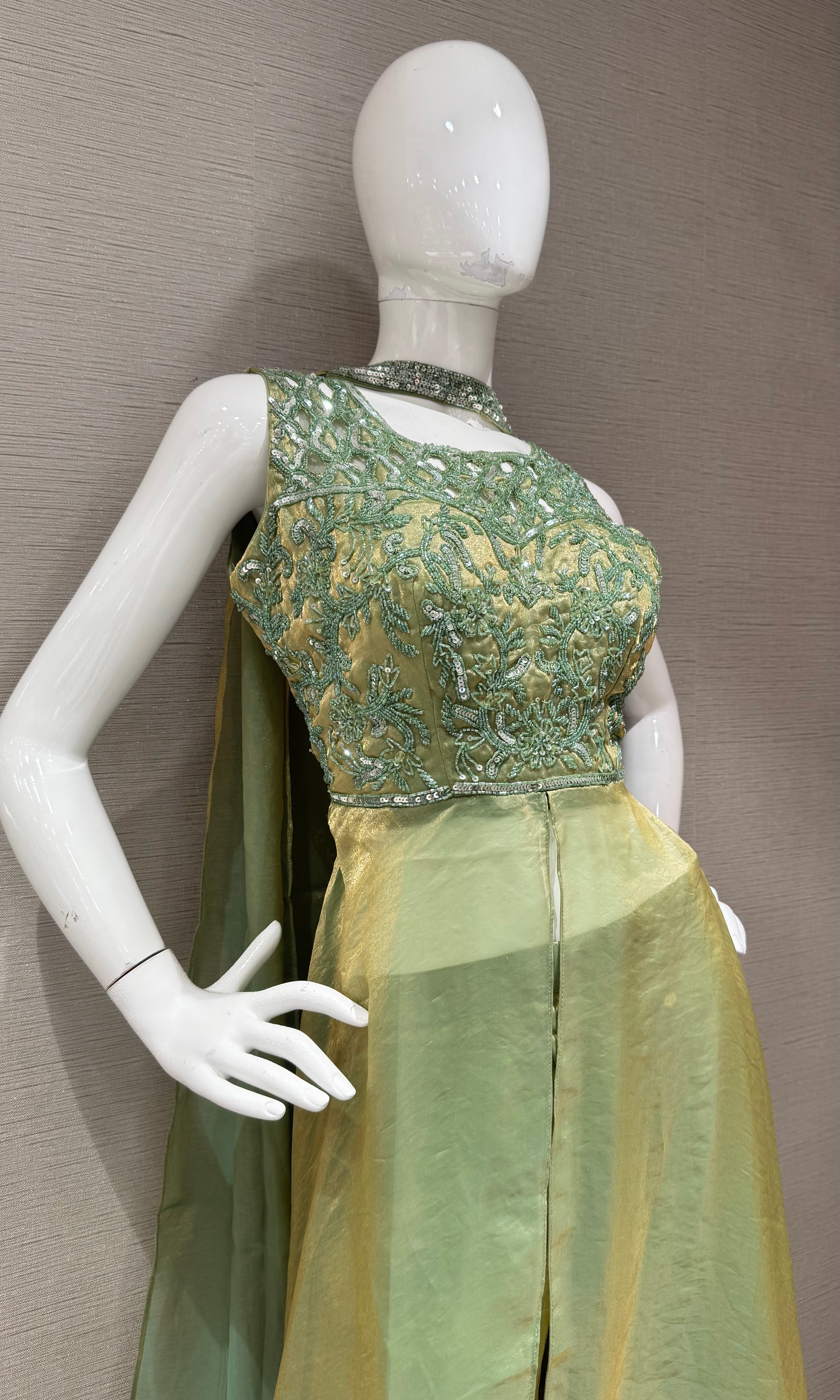 Green Front slit anarkali with palazzo pants