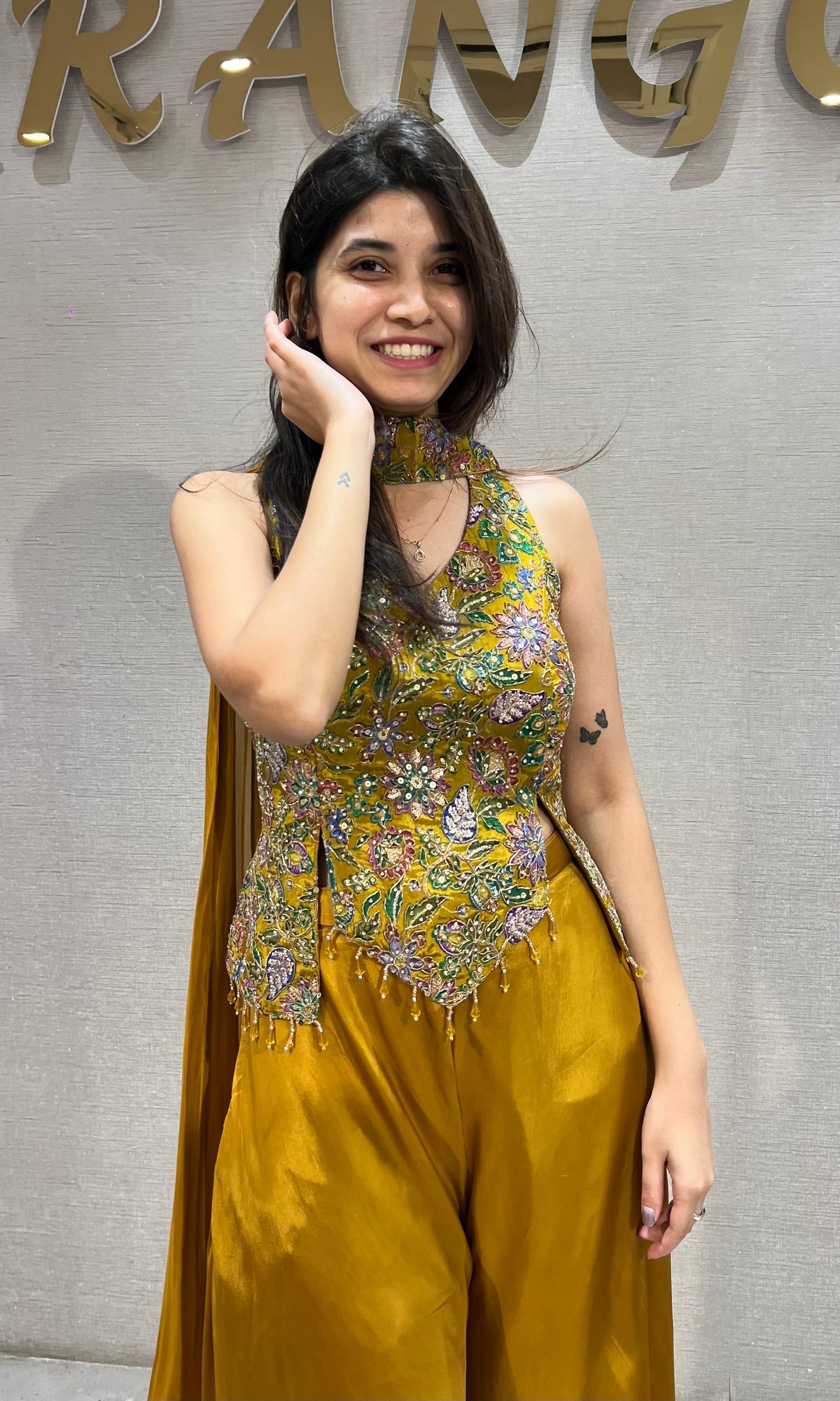Mustard Gold Satin silk Embroidered Palazzo Set
