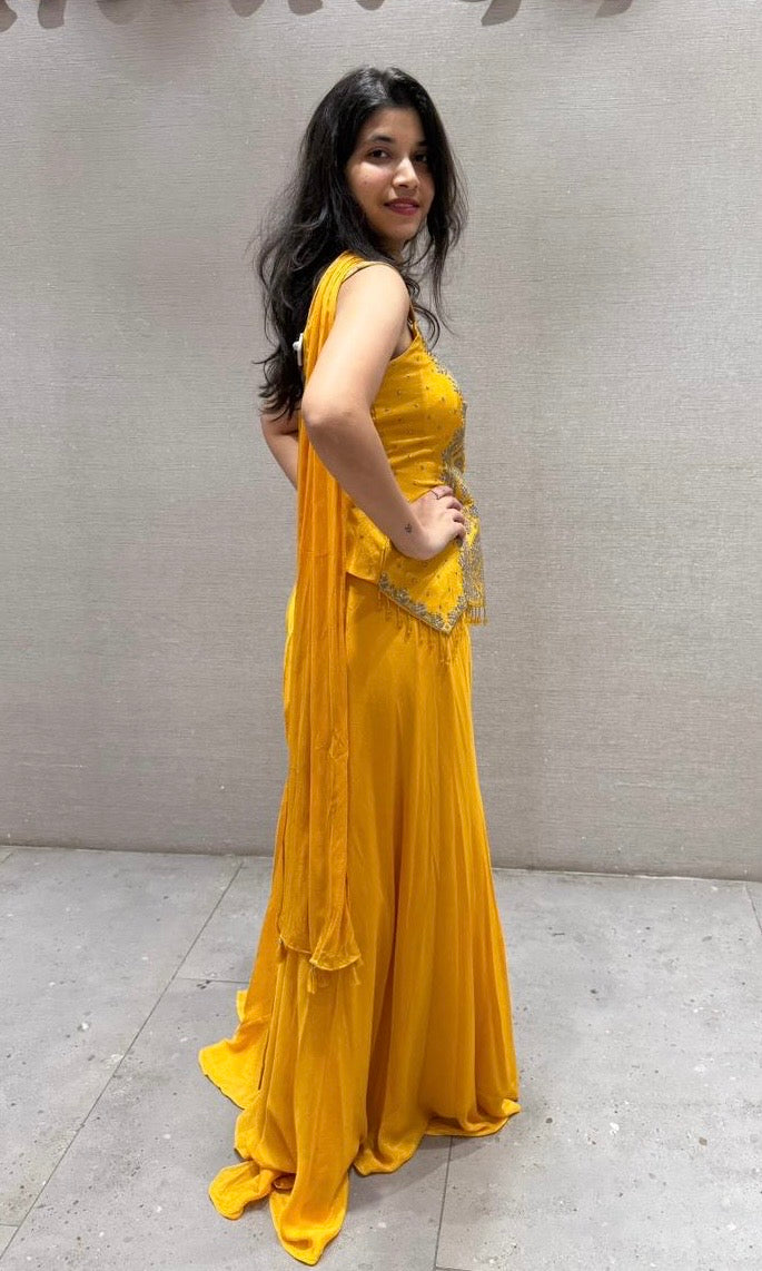 Yellow Embroidered Peplum Palazoo Set