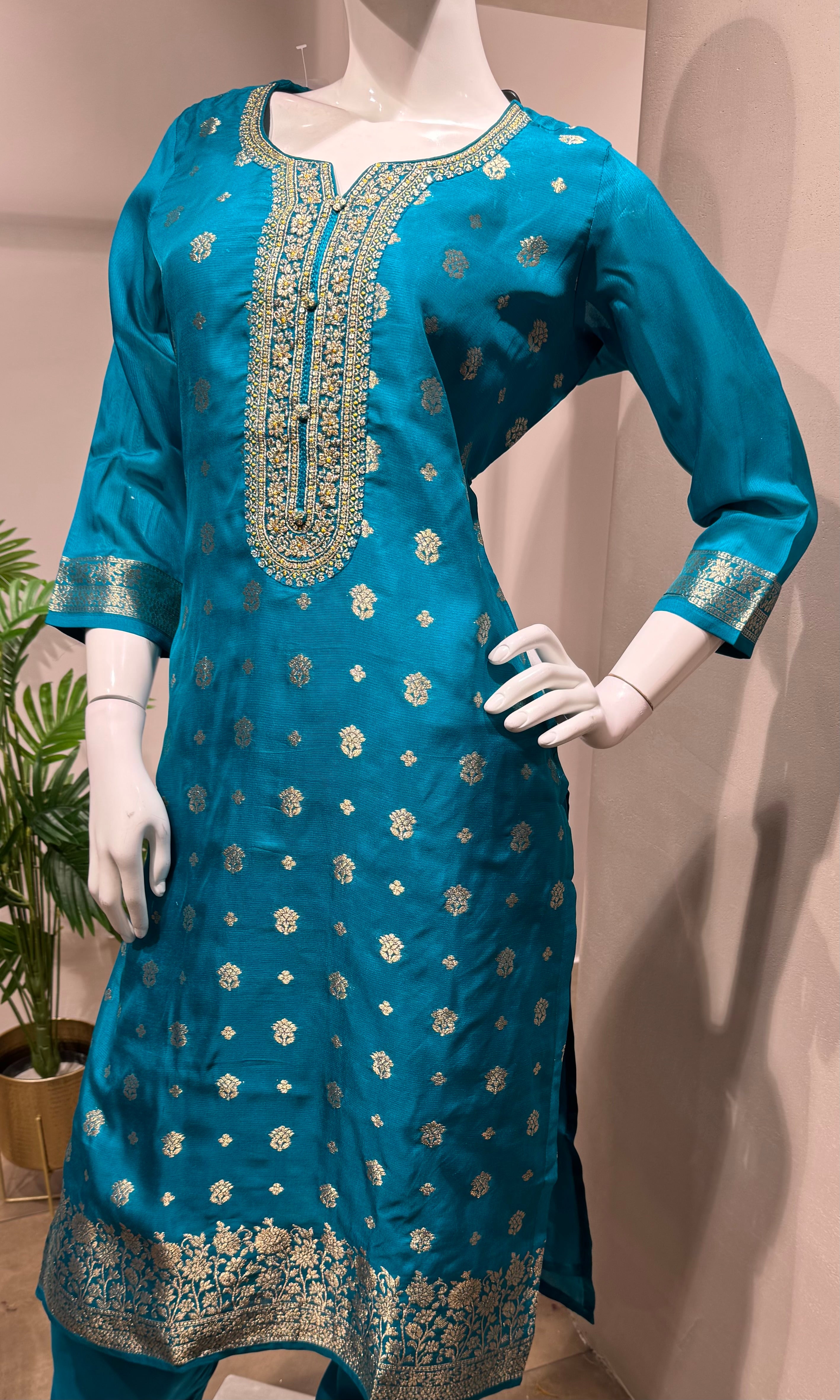 Rama blue woven design silk blend kurta set