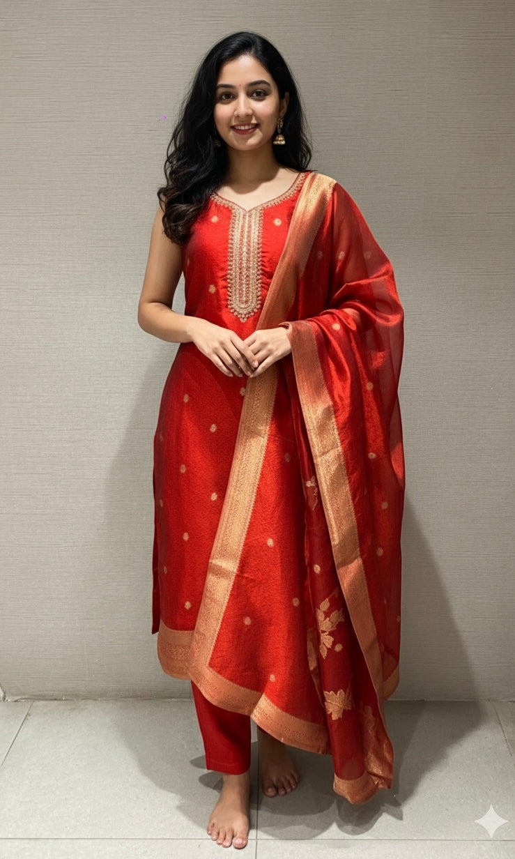 MAROON GOLDEN EMBROIDERED KURTA SET