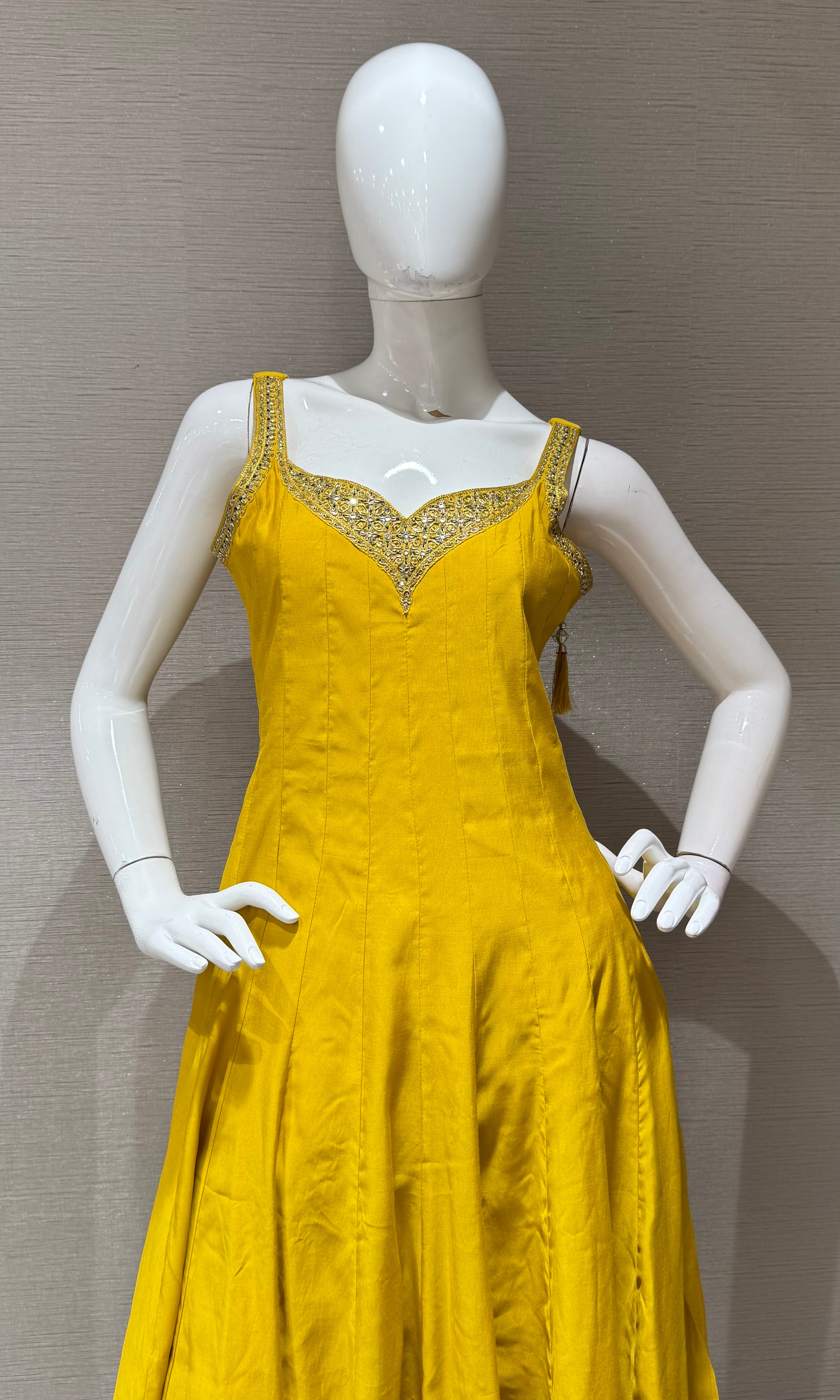 Yellow Silk Anarkali set with Contrast Green Dupatta
