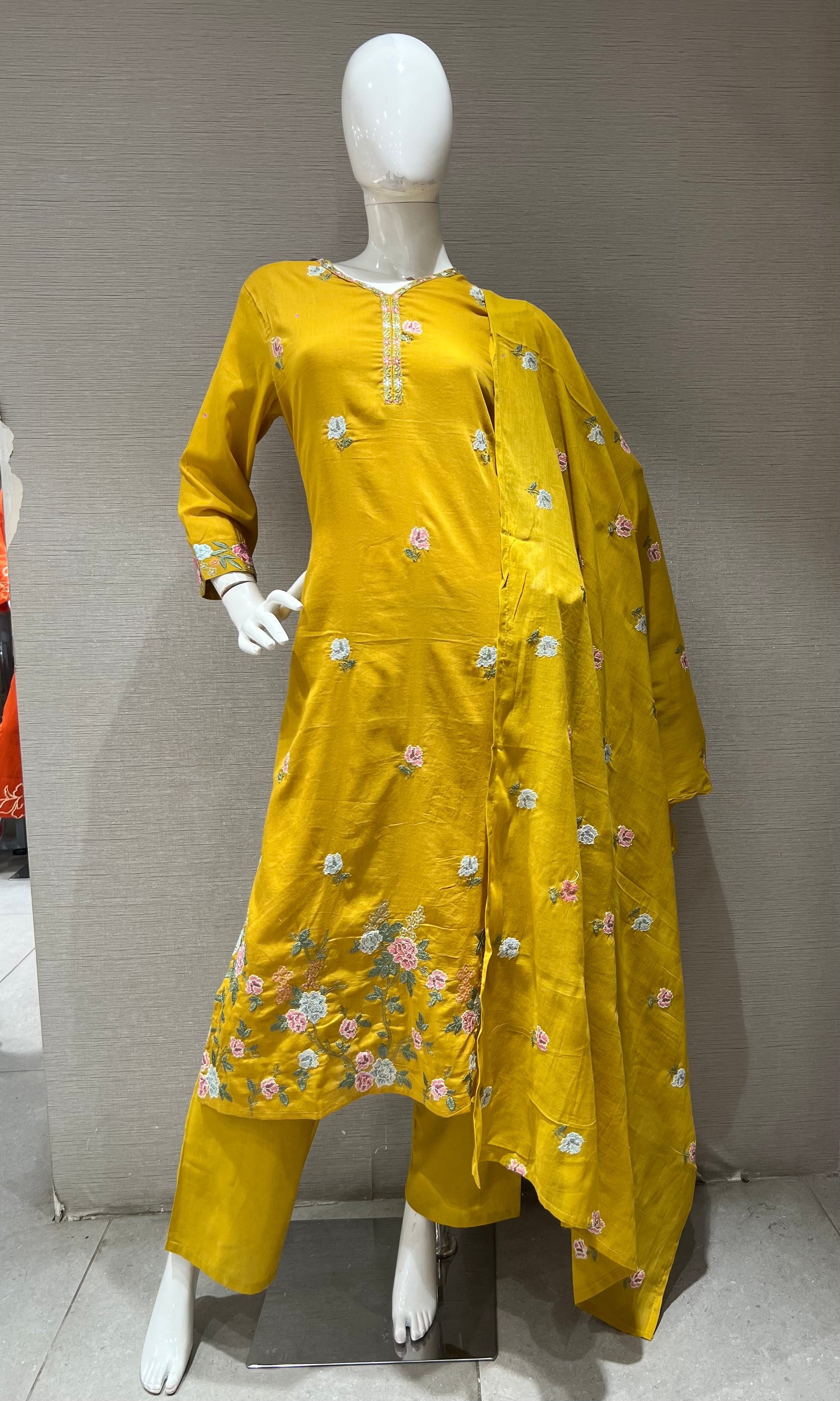 Yellow Floral Embroidered Kurta set with Dupatta