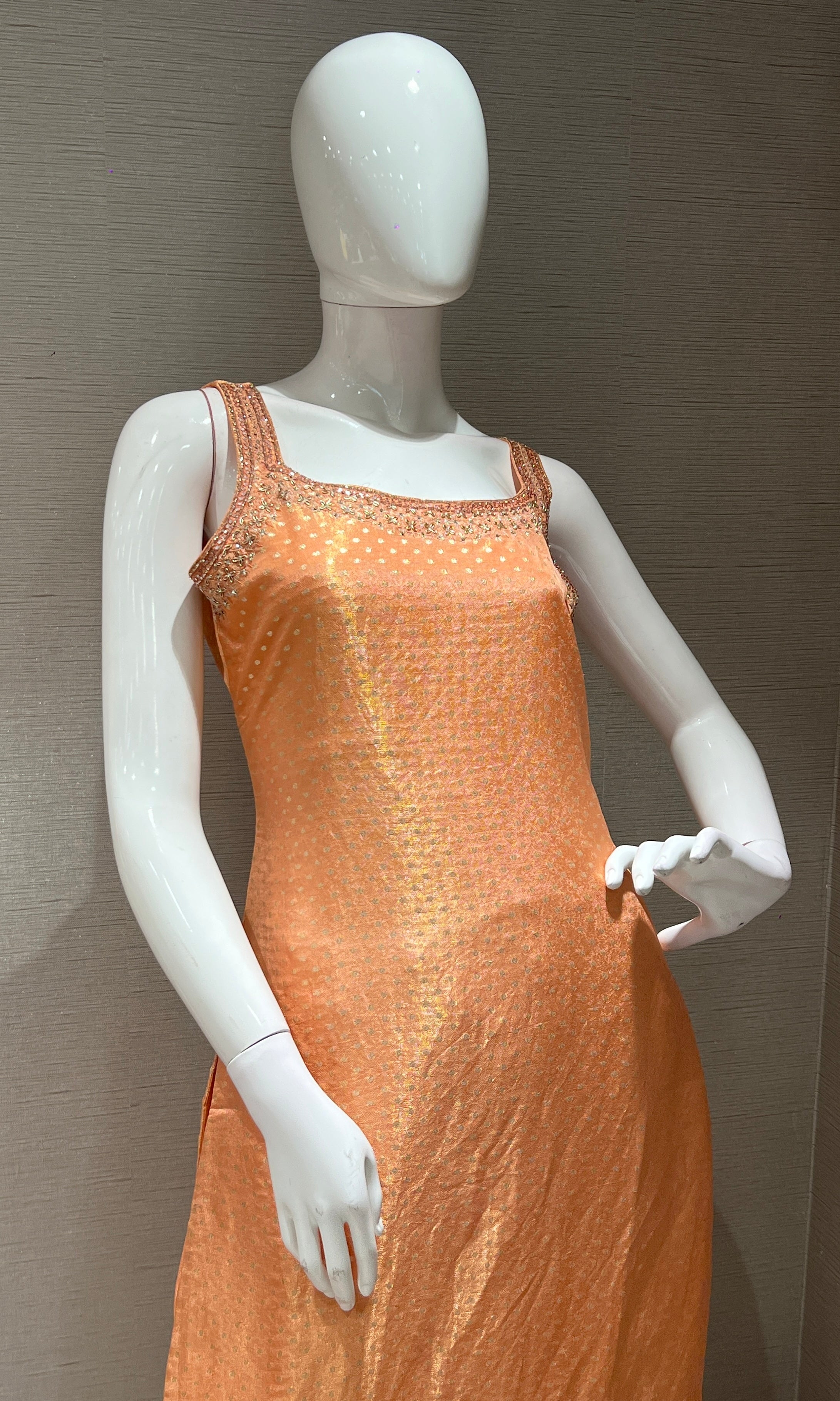 peach and gold Banarasi kurta set