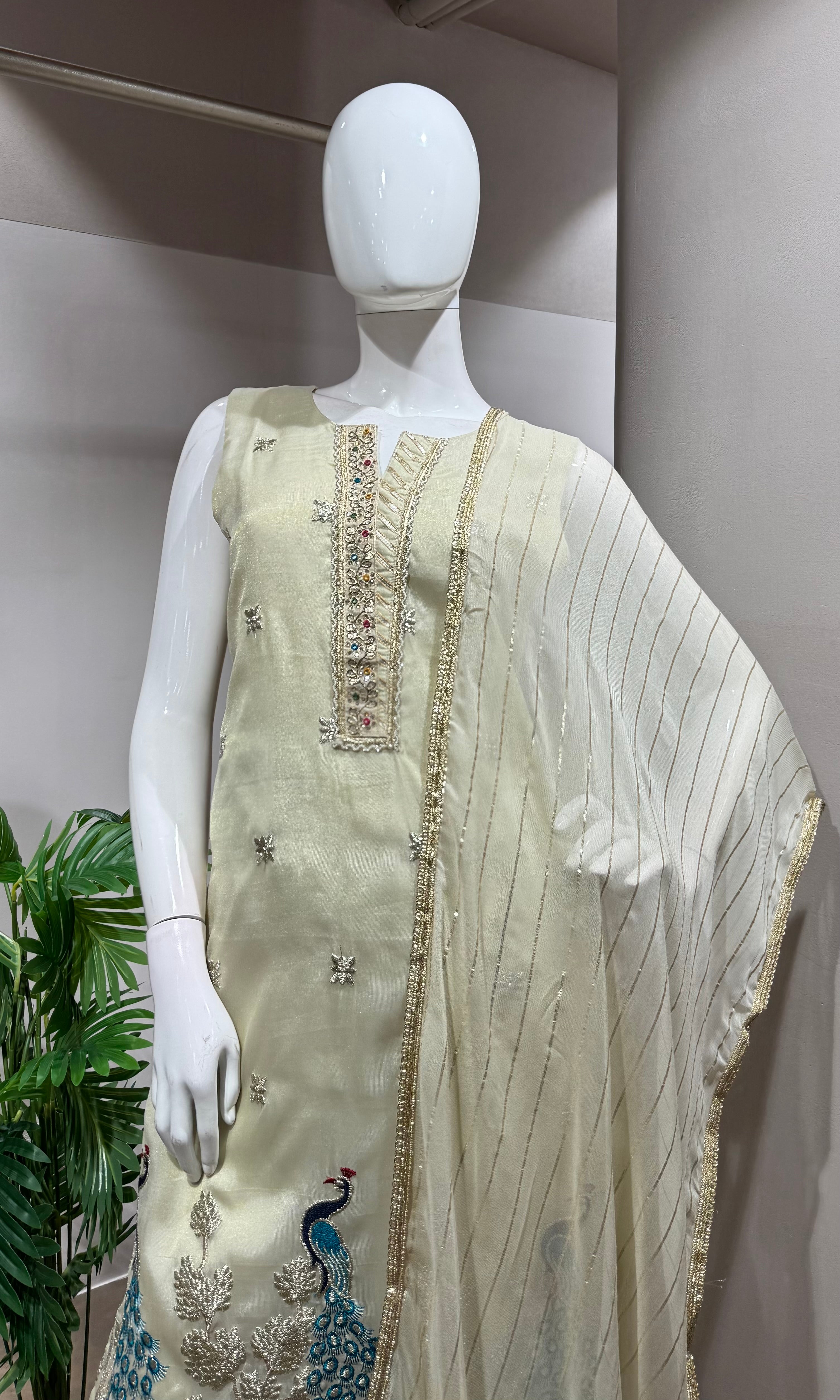 Cream Peacock Sharara Silk Ensemble