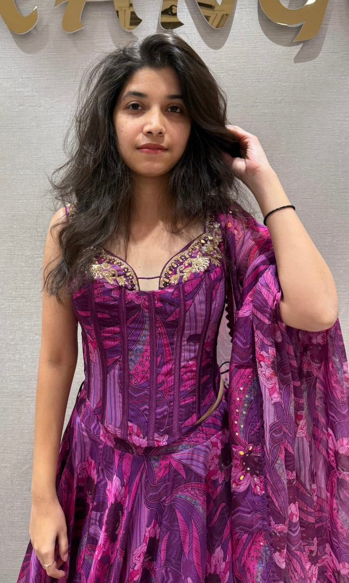 FUSCHIA PURPLE ABSTRACT CORSET LEHENGA