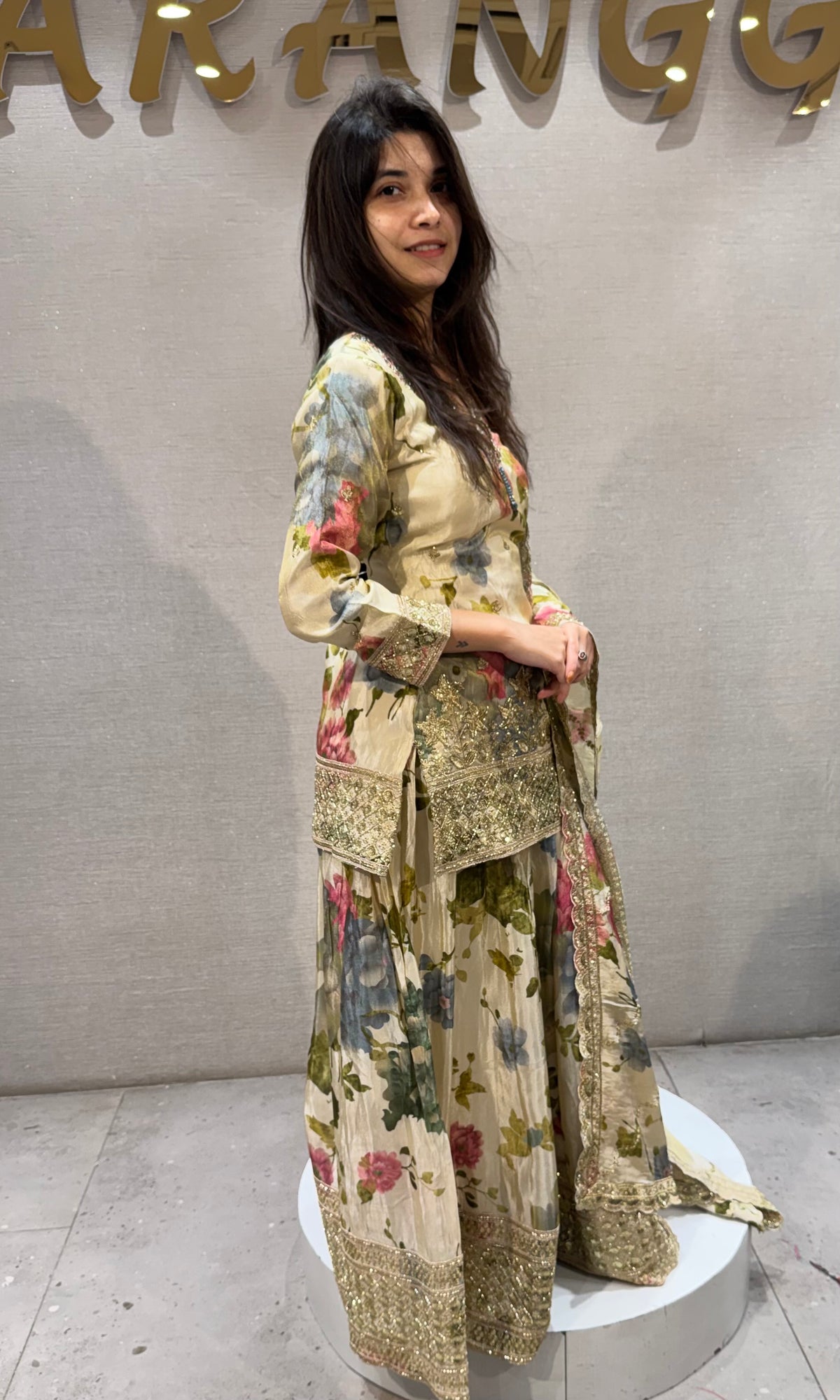 cream silk organza Floral Printed palazzo Set with dupatta