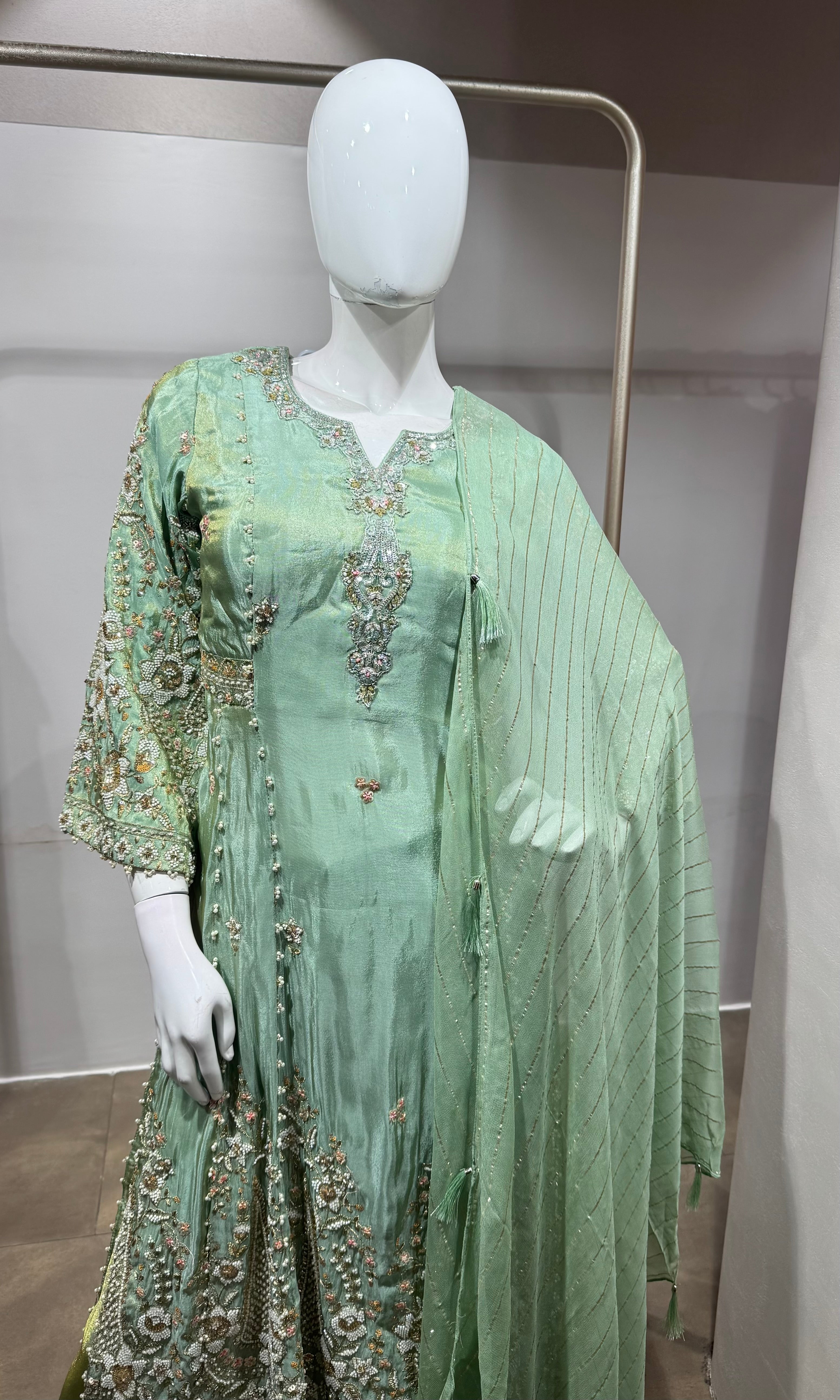Pista green Embroidered Silk Nyra cut palazzo set