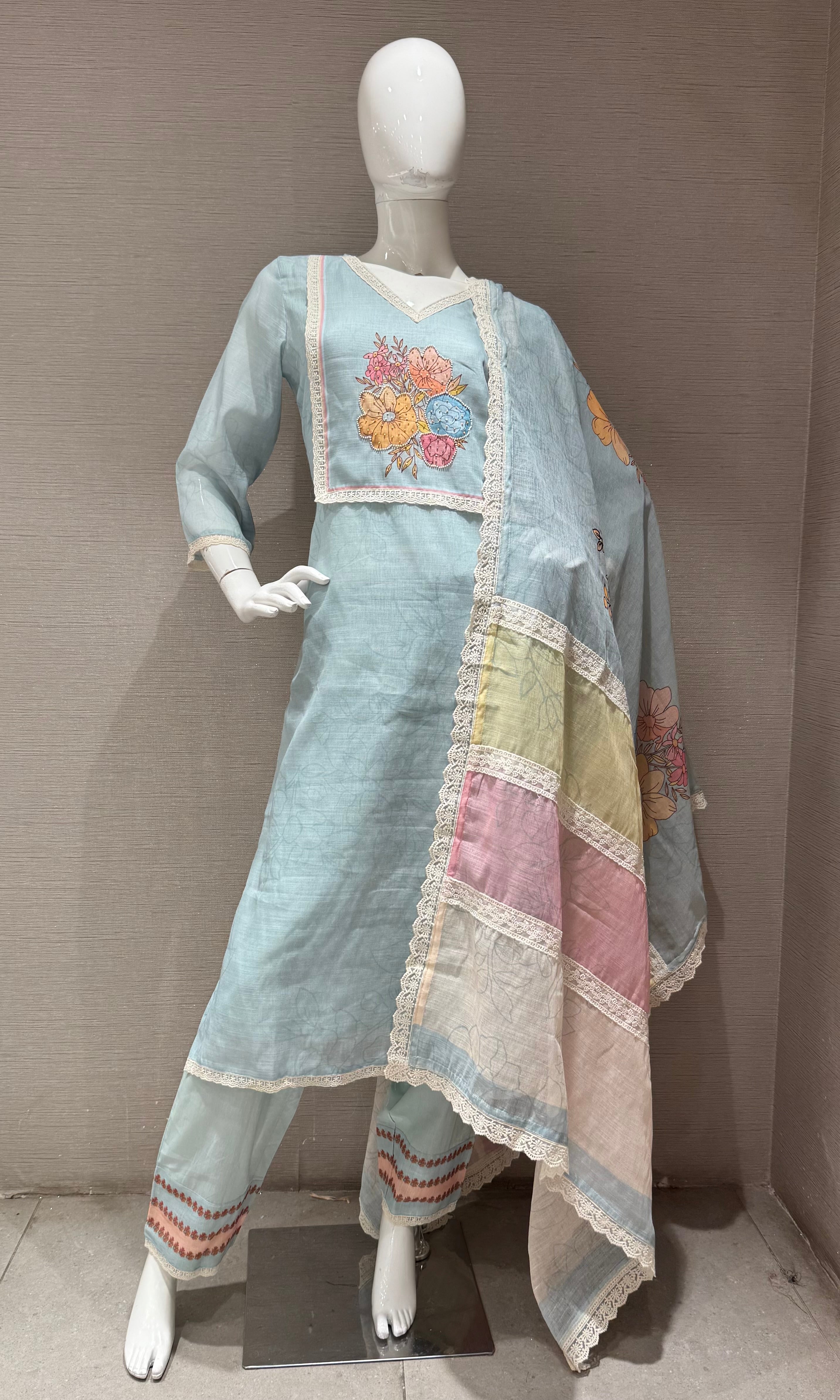 Sky Blue Straight Kurta Set with Multicolor Pastel dupatta