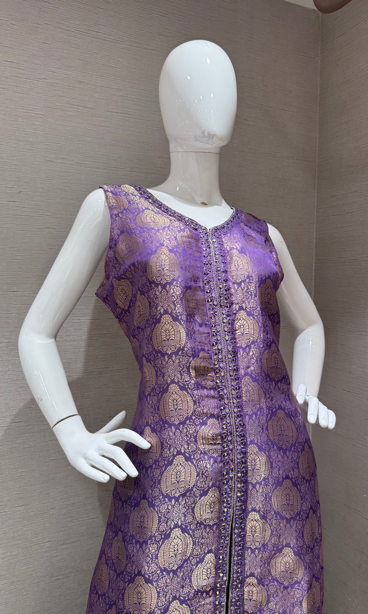 Purple and Gold Banarasi Silk Anarkali Set with Dupatta
