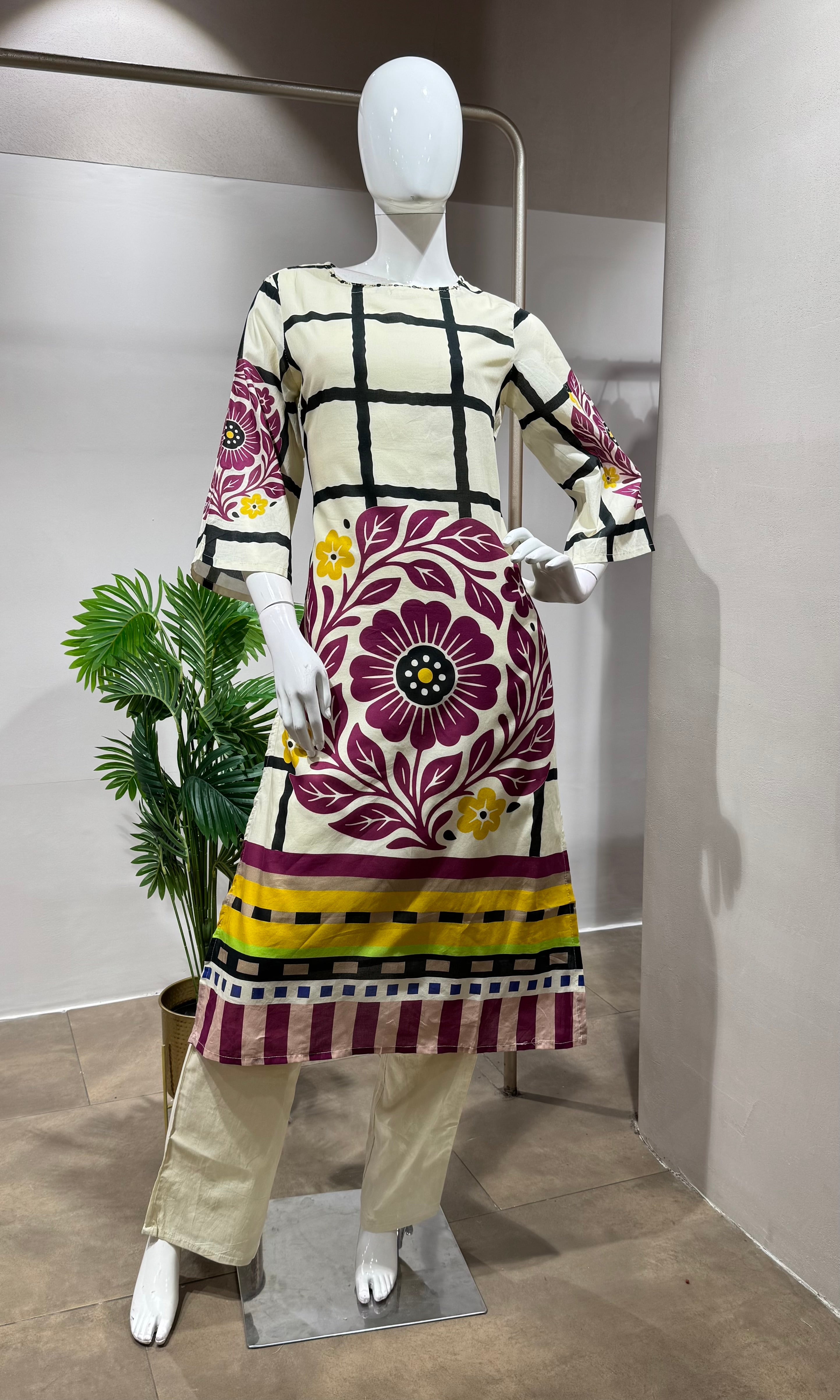 PURPLE Silk Kurti Set with Floral Print