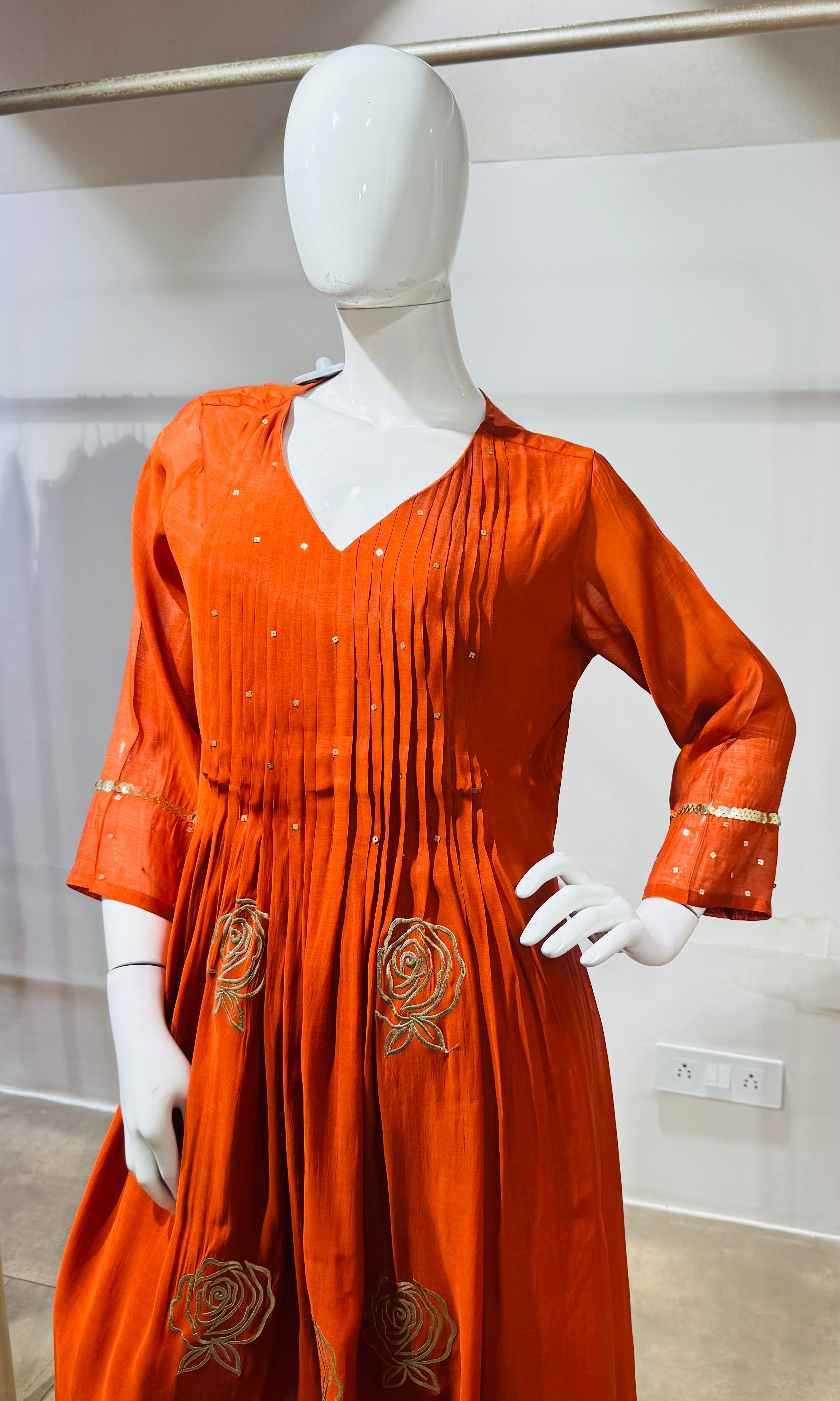 Rust golden floral mul chanderi kurta set