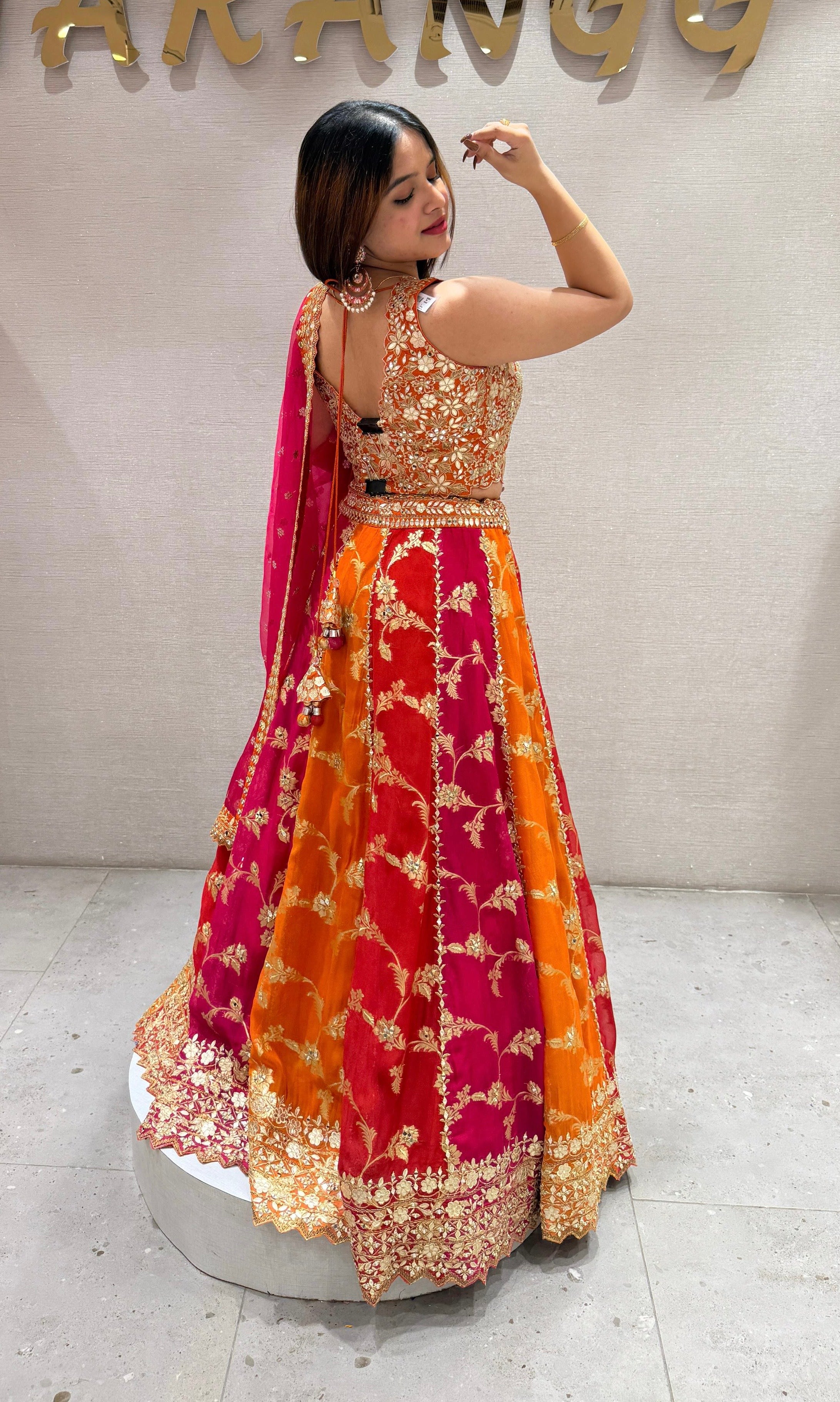 Orange and pink Banarasi Lehenga