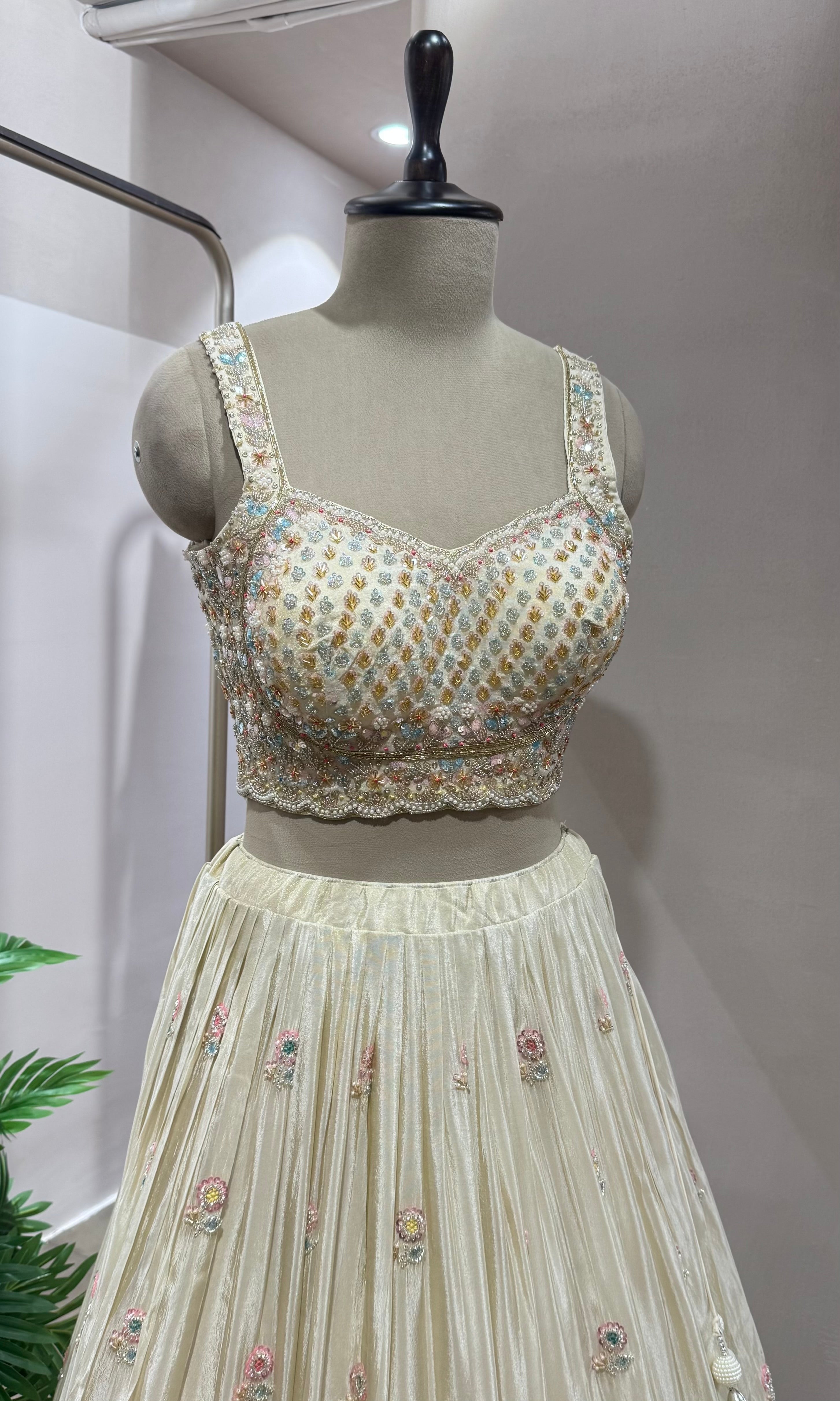 Cream FLORAL INTRICATE EMBROIDERY LEHENGA