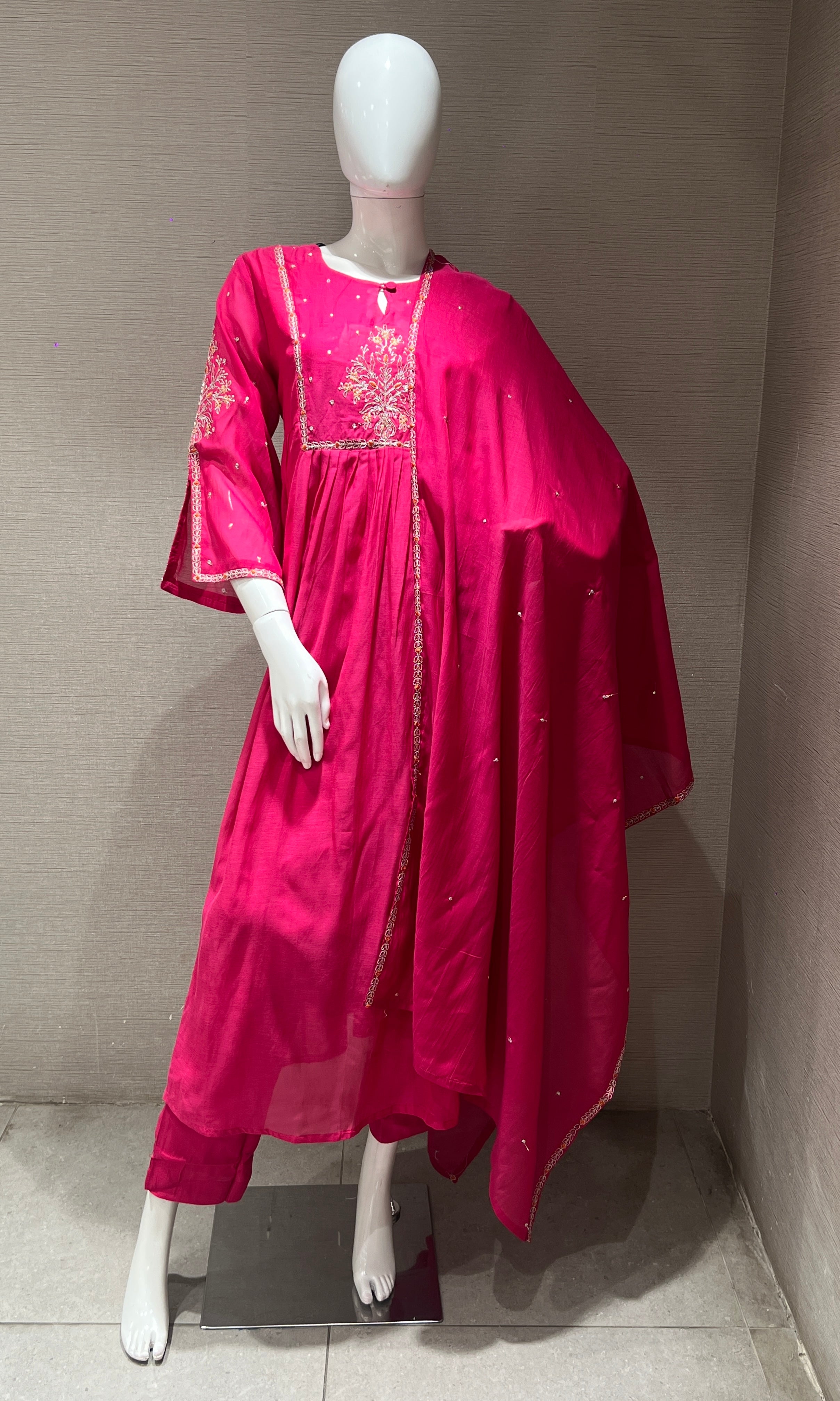 Rani pink mul Chanderi Anarkali kurta set