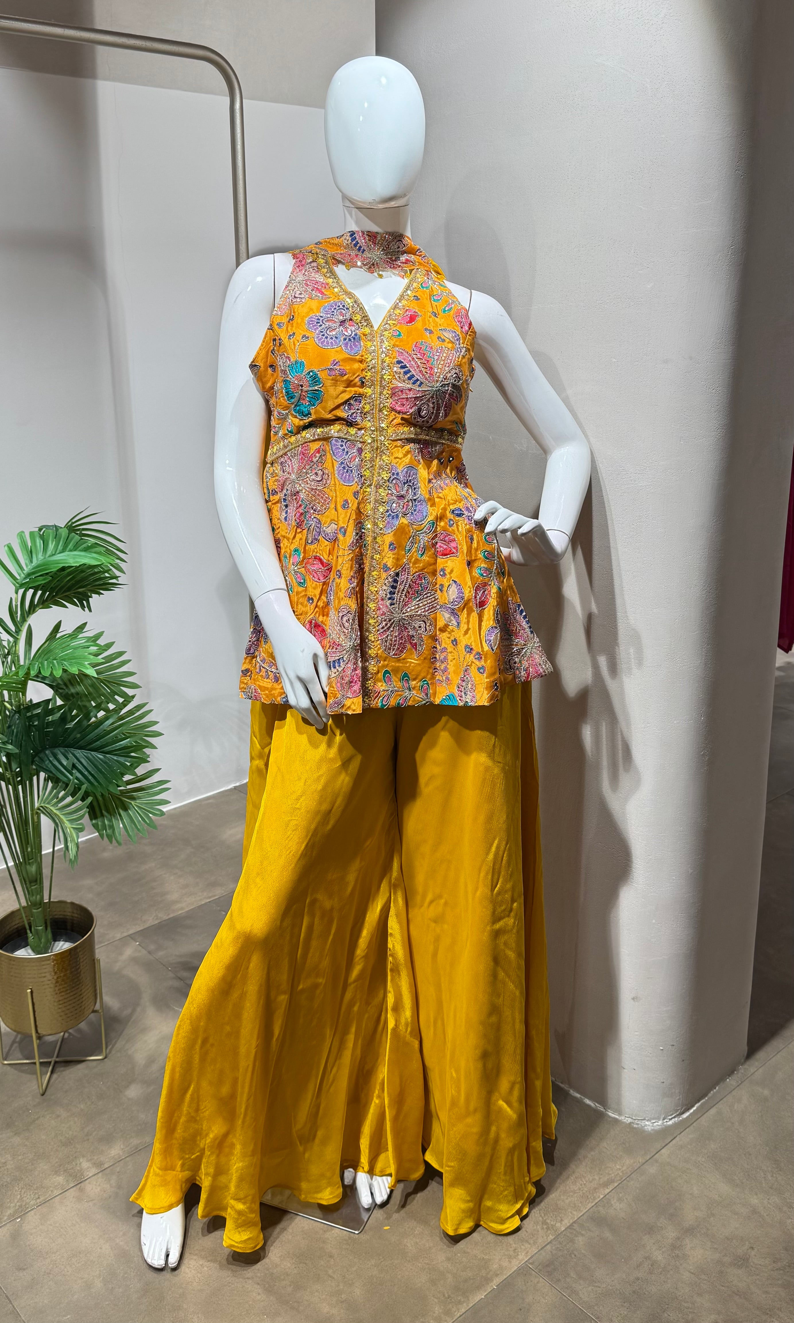 yellow embroidered peplum palazzo set