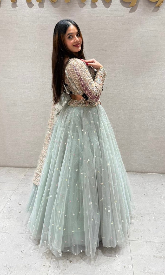 matcha green netted peacock Lehenga